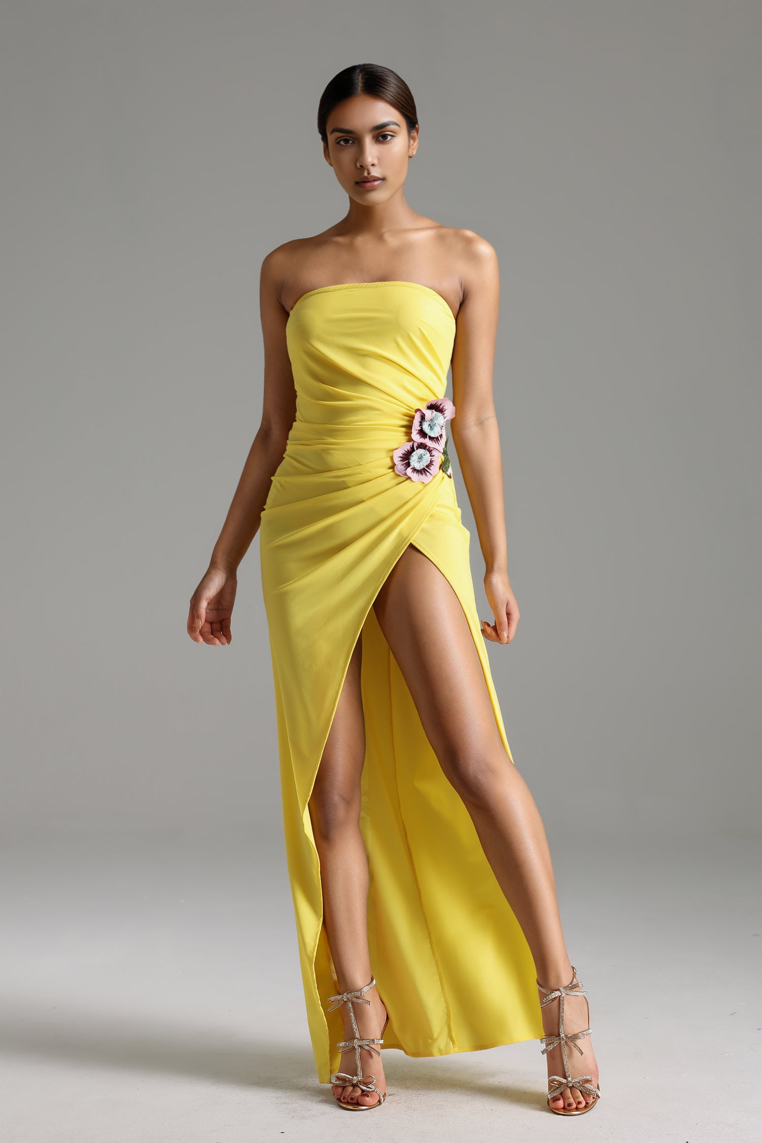 Sareka Strapless Flowers High Slit Maxi Dress