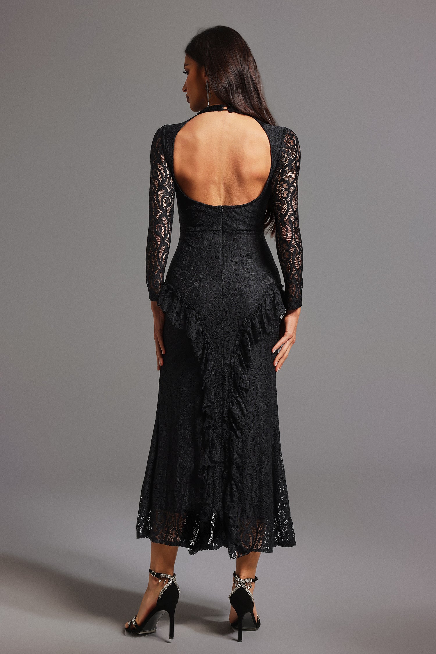 Dazie Long Sleeve Lace Flounce Slit Maxi Dress