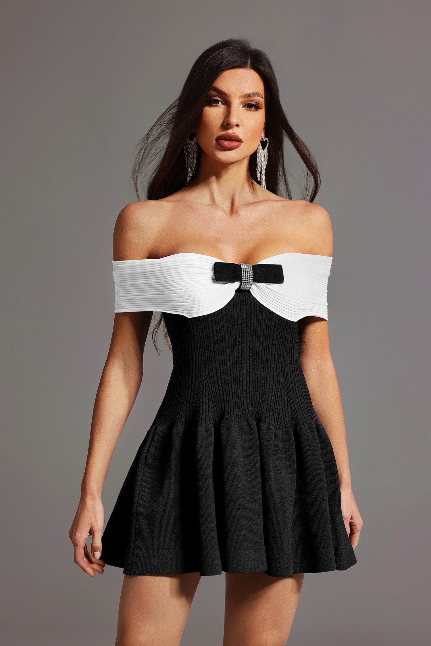 Loretta Straight Shoulder Bow Mini Dress