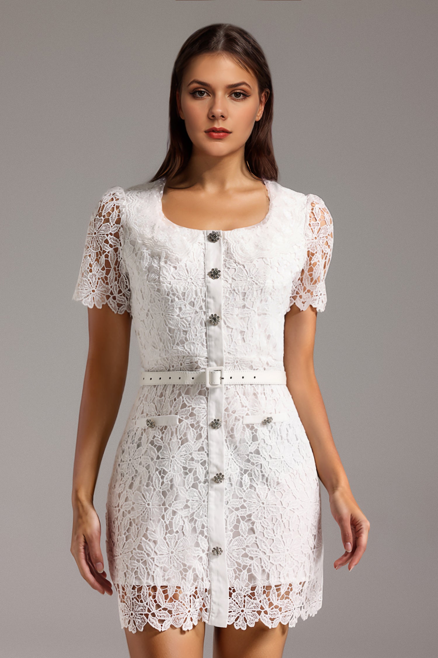 Verne Flower Lace Mini Dress - White