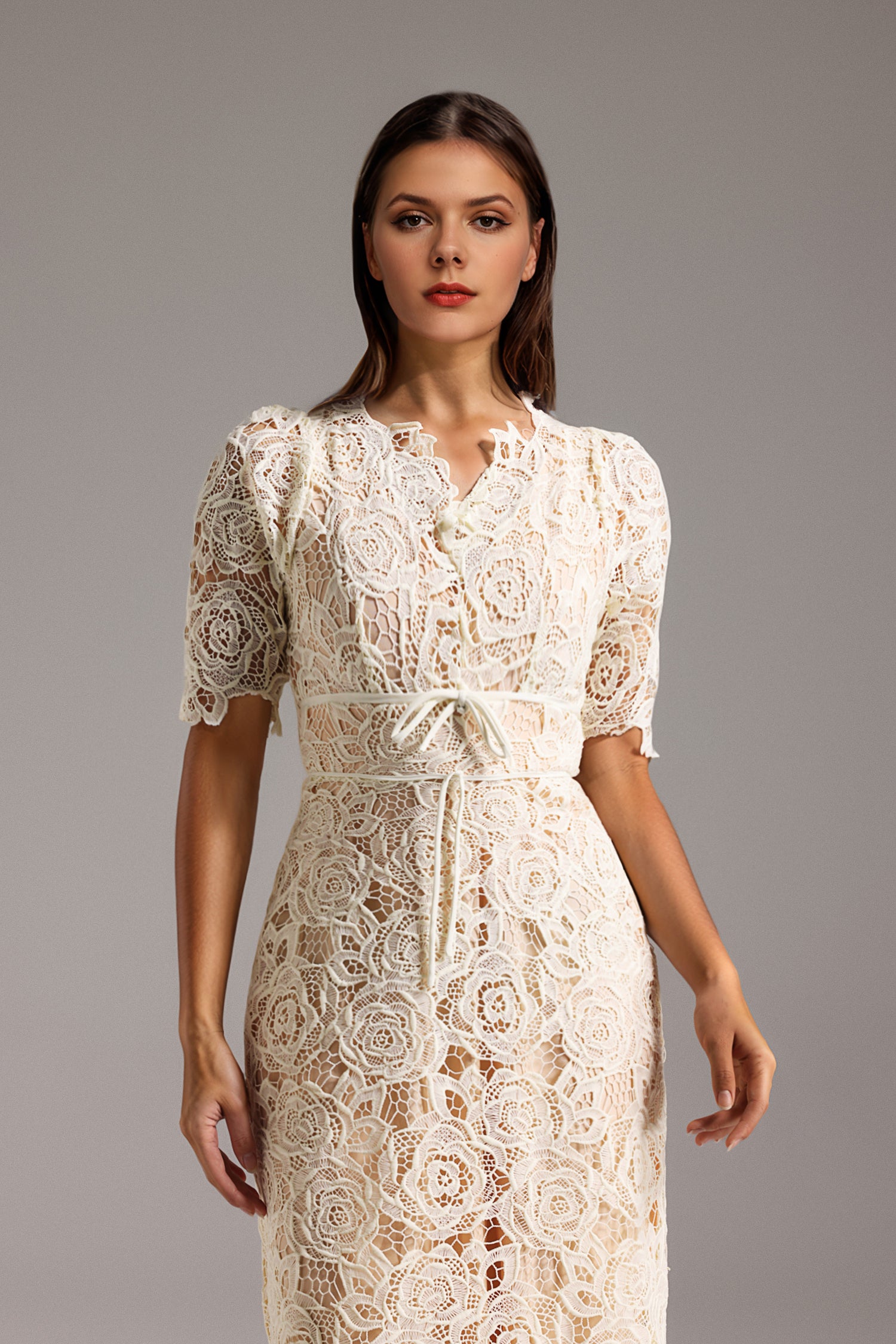 Tulip Short Sleeve Lace Midi Dress