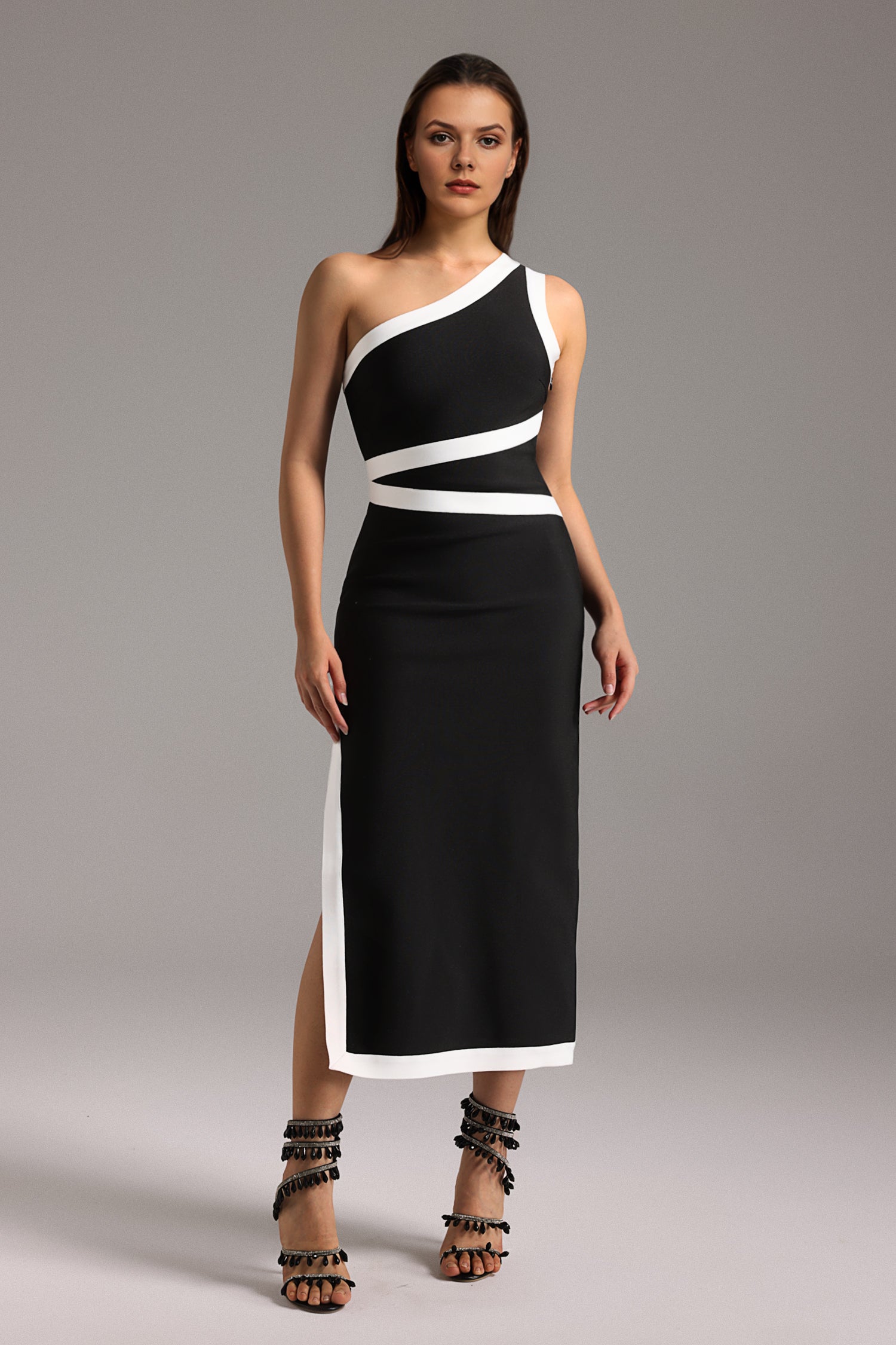 Katrina One Shoulder Sleeveless Slit Bandage Maxi Dress