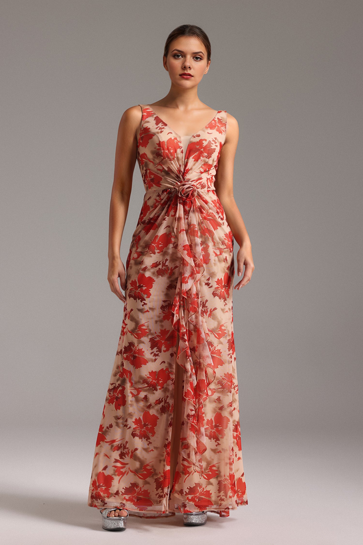 Maliya Sleeveless V-Neck Flowers Flounce Maxi Dress