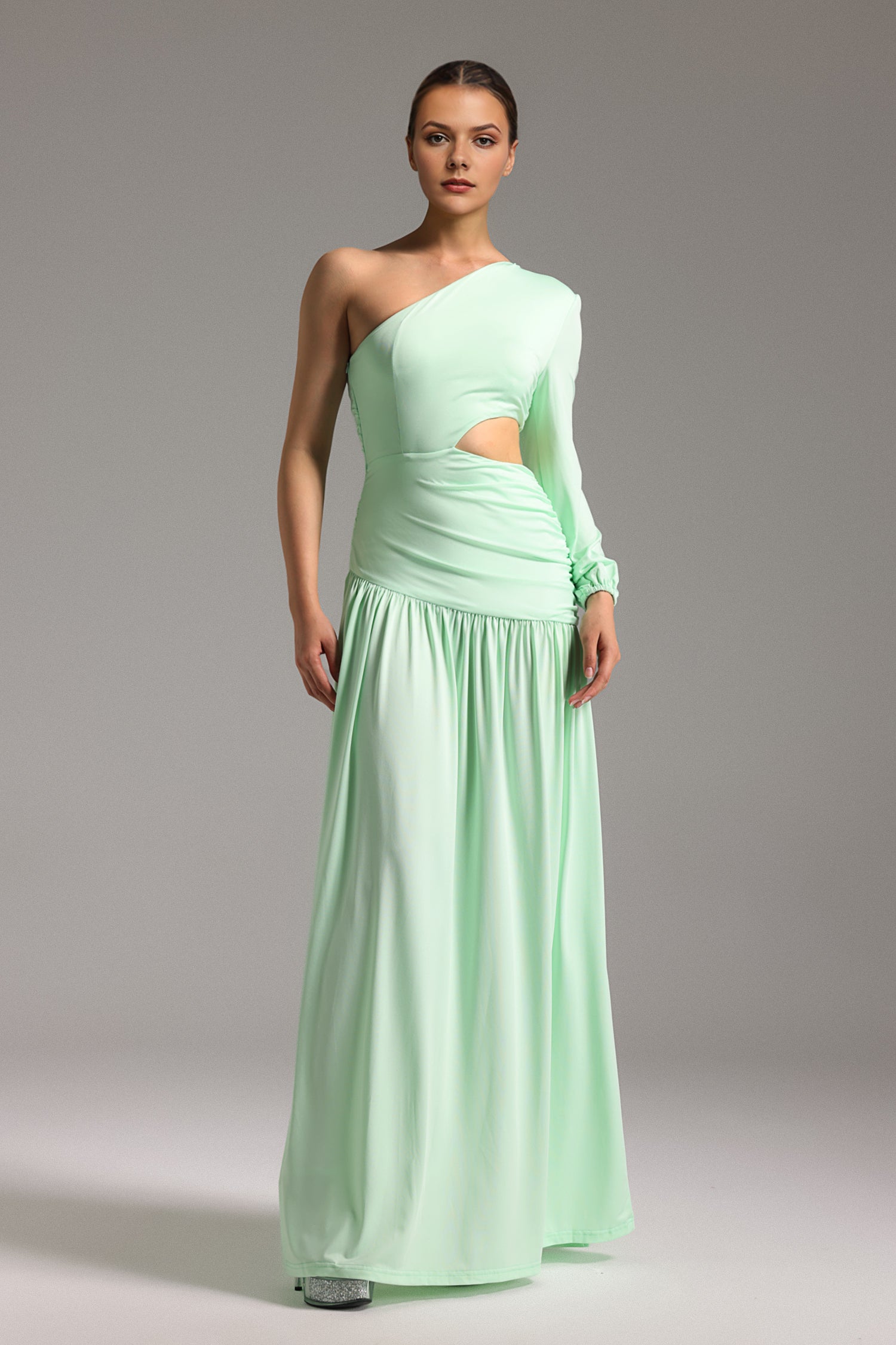 Emier One Shoulder Pleated Maxi Dress - Green