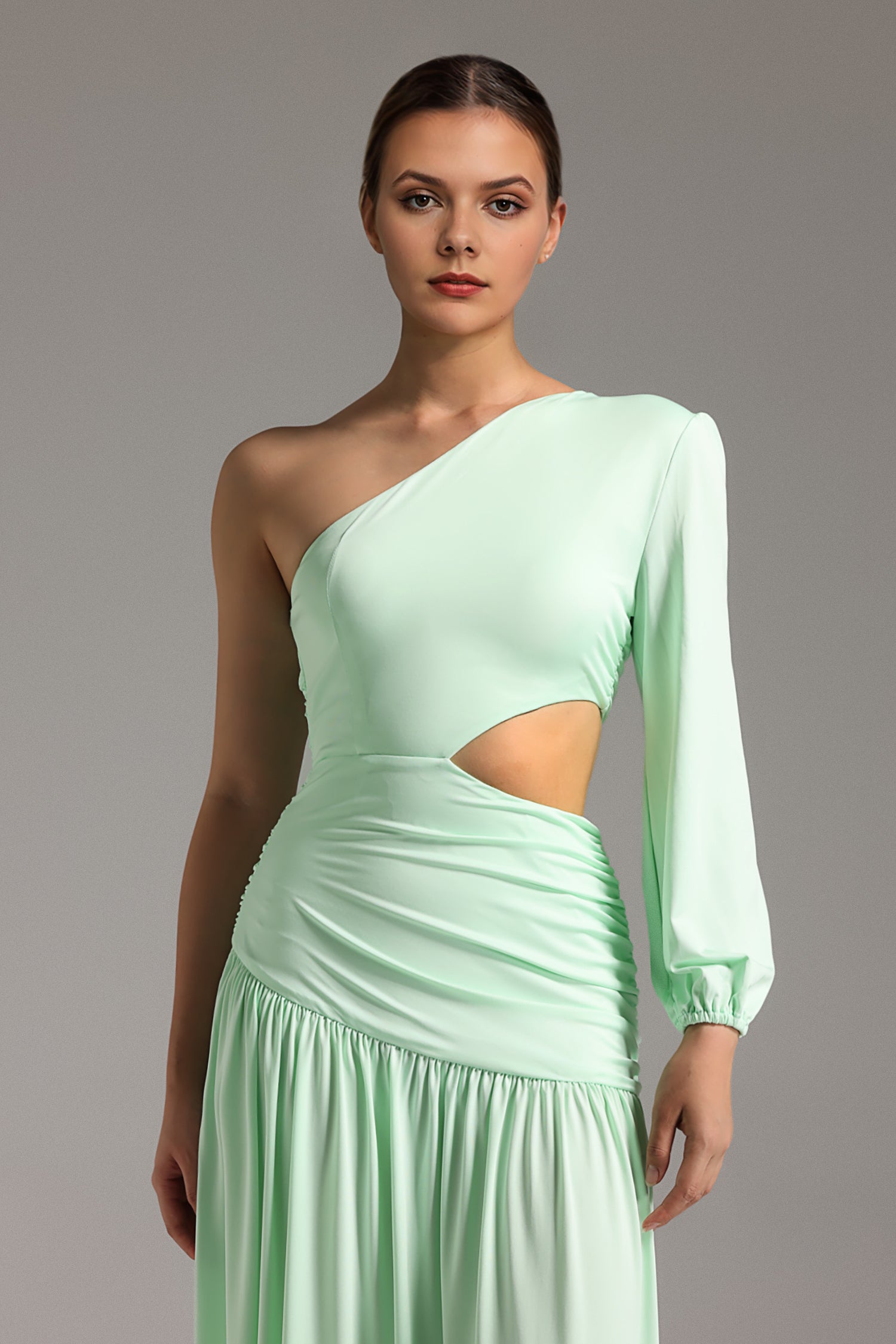 Emier One Shoulder Pleated Maxi Dress - Green