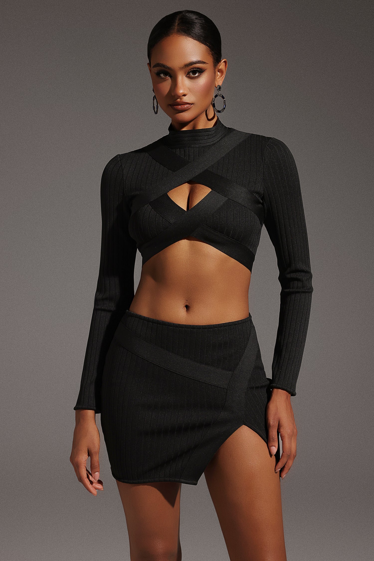 Sinai Long Sleeves Hollow Out Slit  Bandage Mini Two-Piece Set