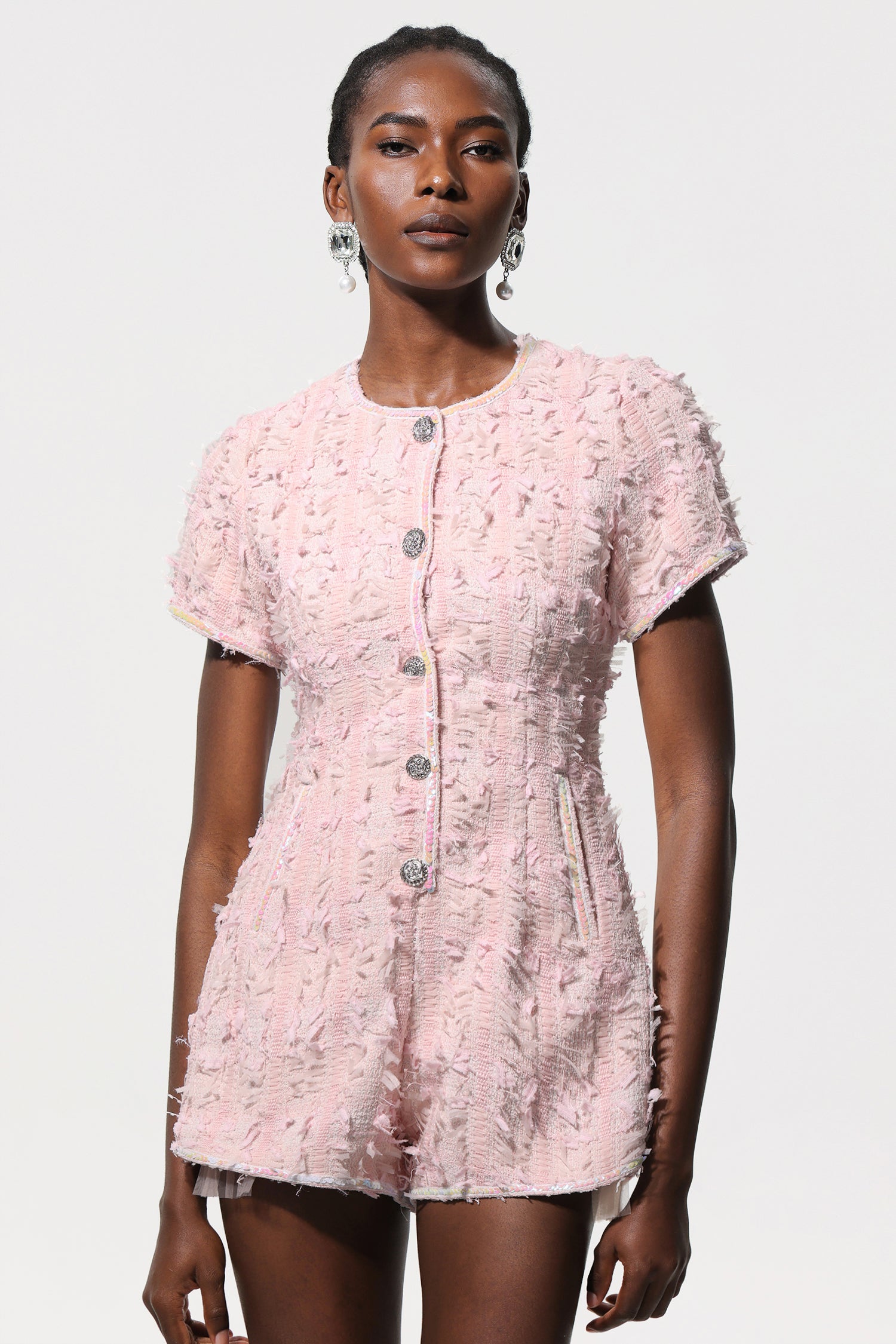 Ikala Short Sleeves Diamond Button Tweed Jumpsuit