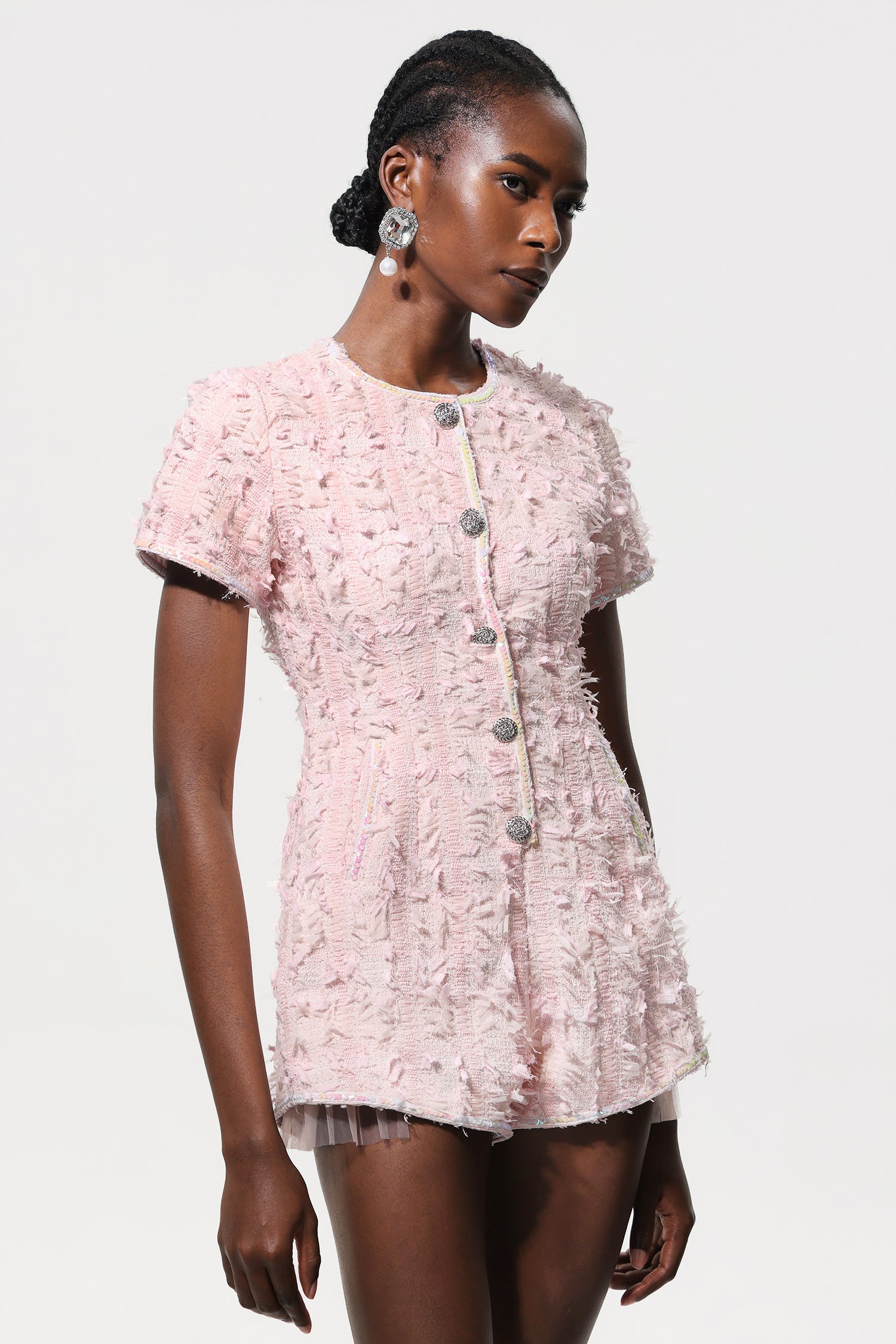 Ikala Short Sleeves Diamond Button Tweed Jumpsuit