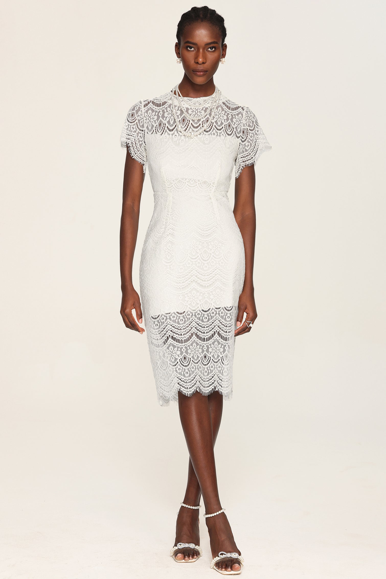 Mignon Round Neck Short Sleeves Lace Midi Dress