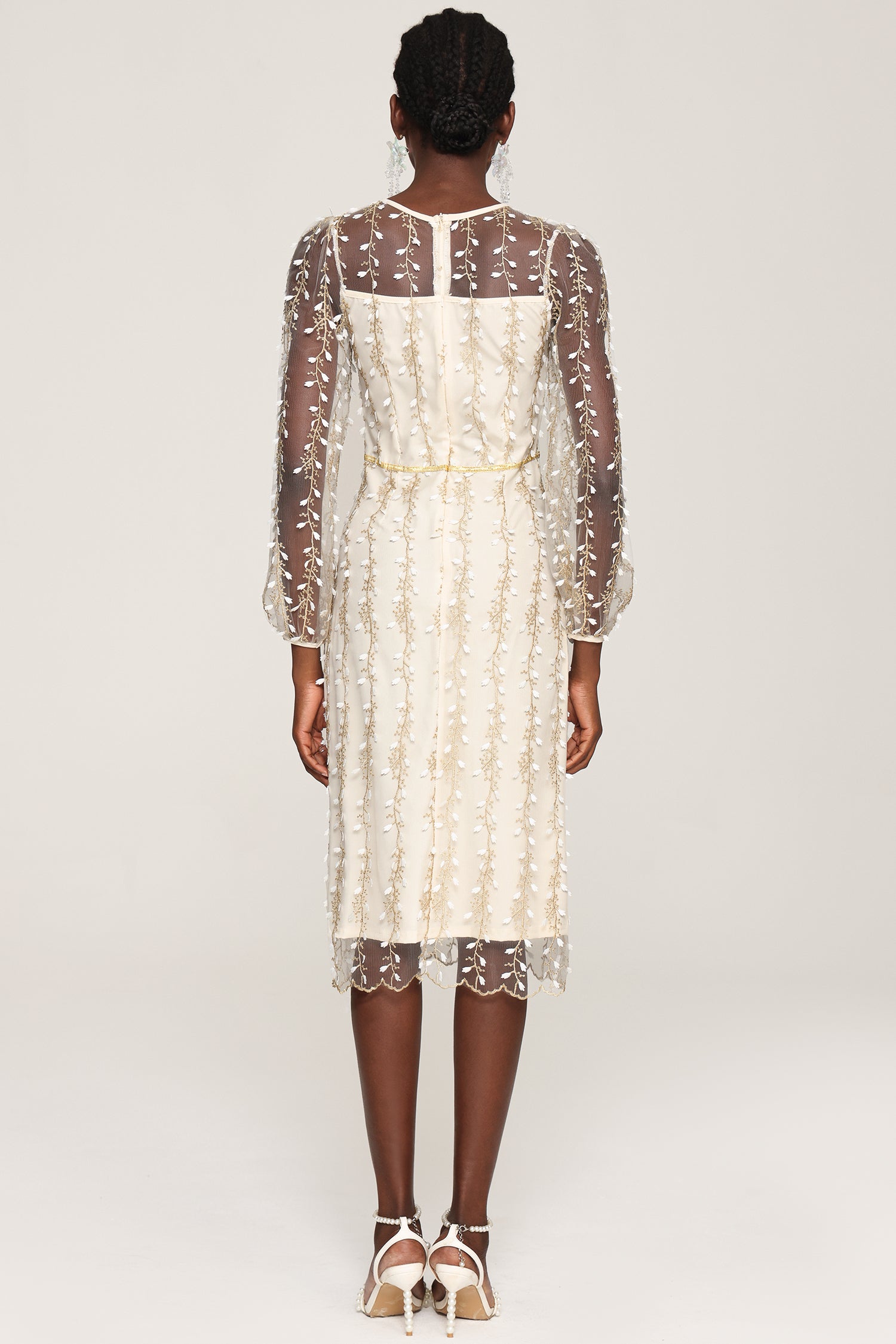 Tinsley Embroidery Long Sleeves Mesh Midi Dress