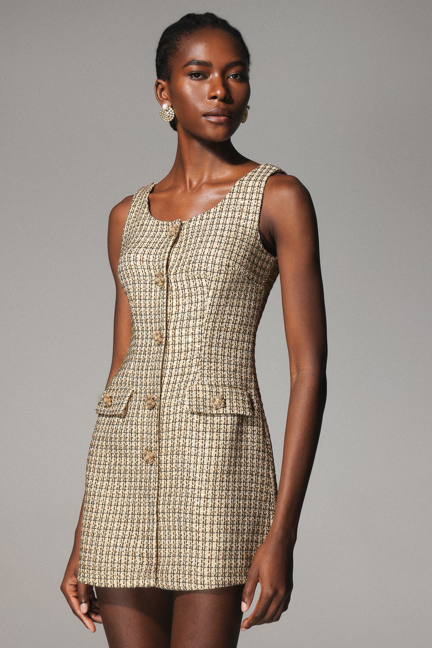 Kawko Diamond Button Sleeveless Tweed Mini Dress