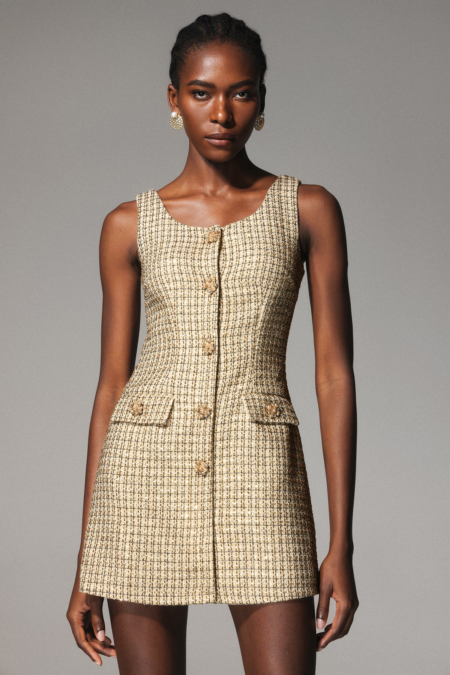 Kawko Diamond Button Sleeveless Tweed Mini Dress