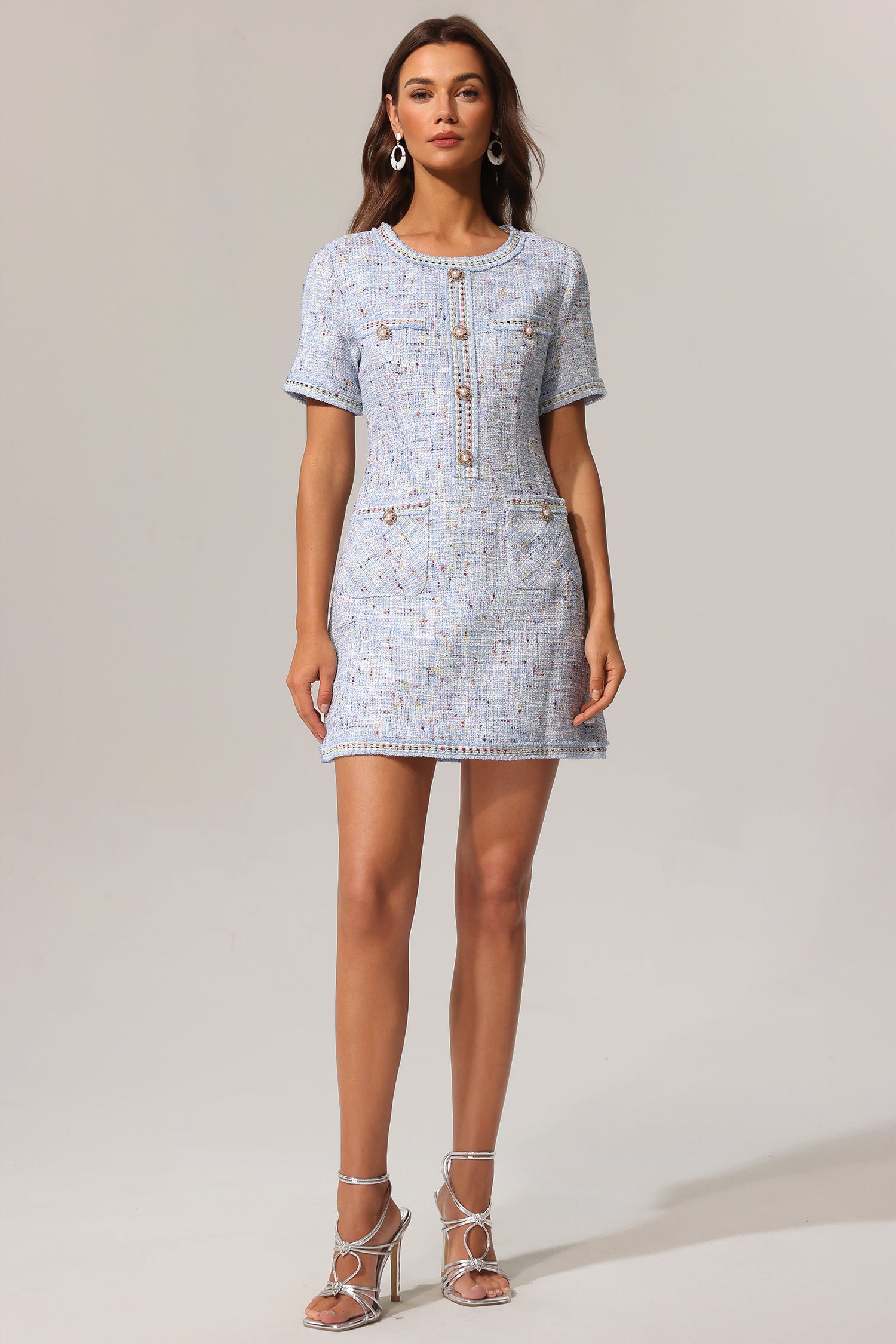 Pallas Round Neck Short Sleeve Tweed Mini Dress