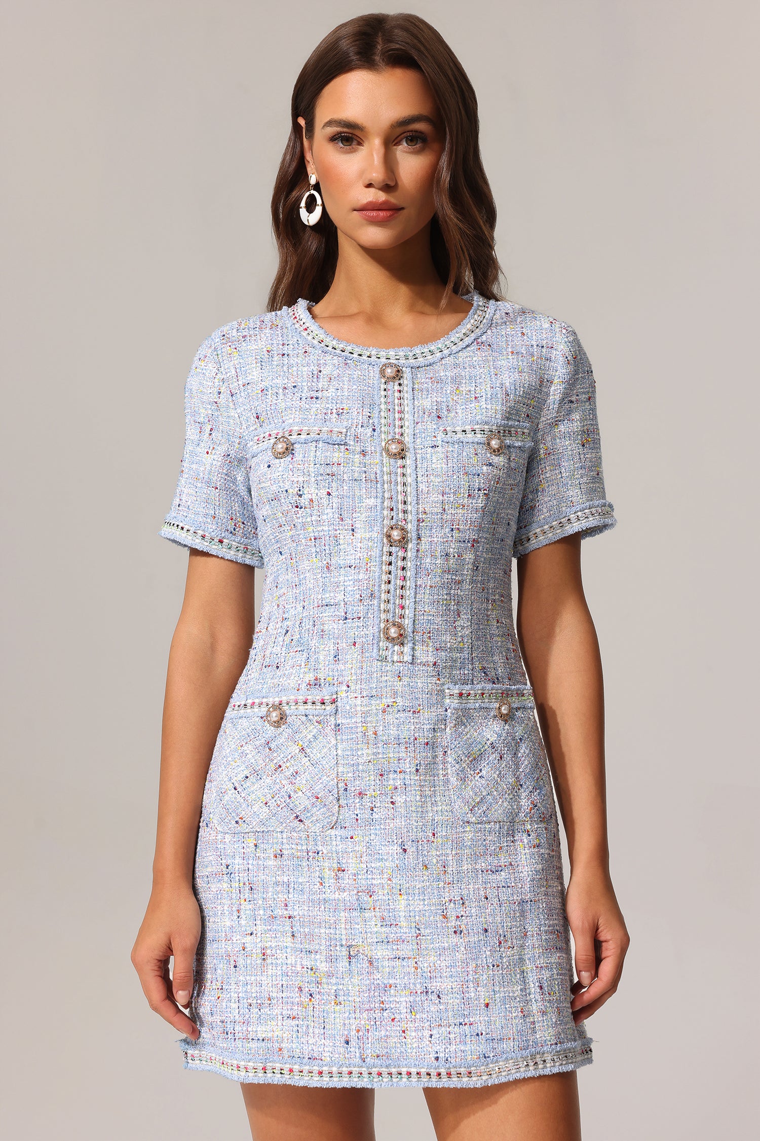 Pallas Round Neck Short Sleeve Tweed Mini Dress