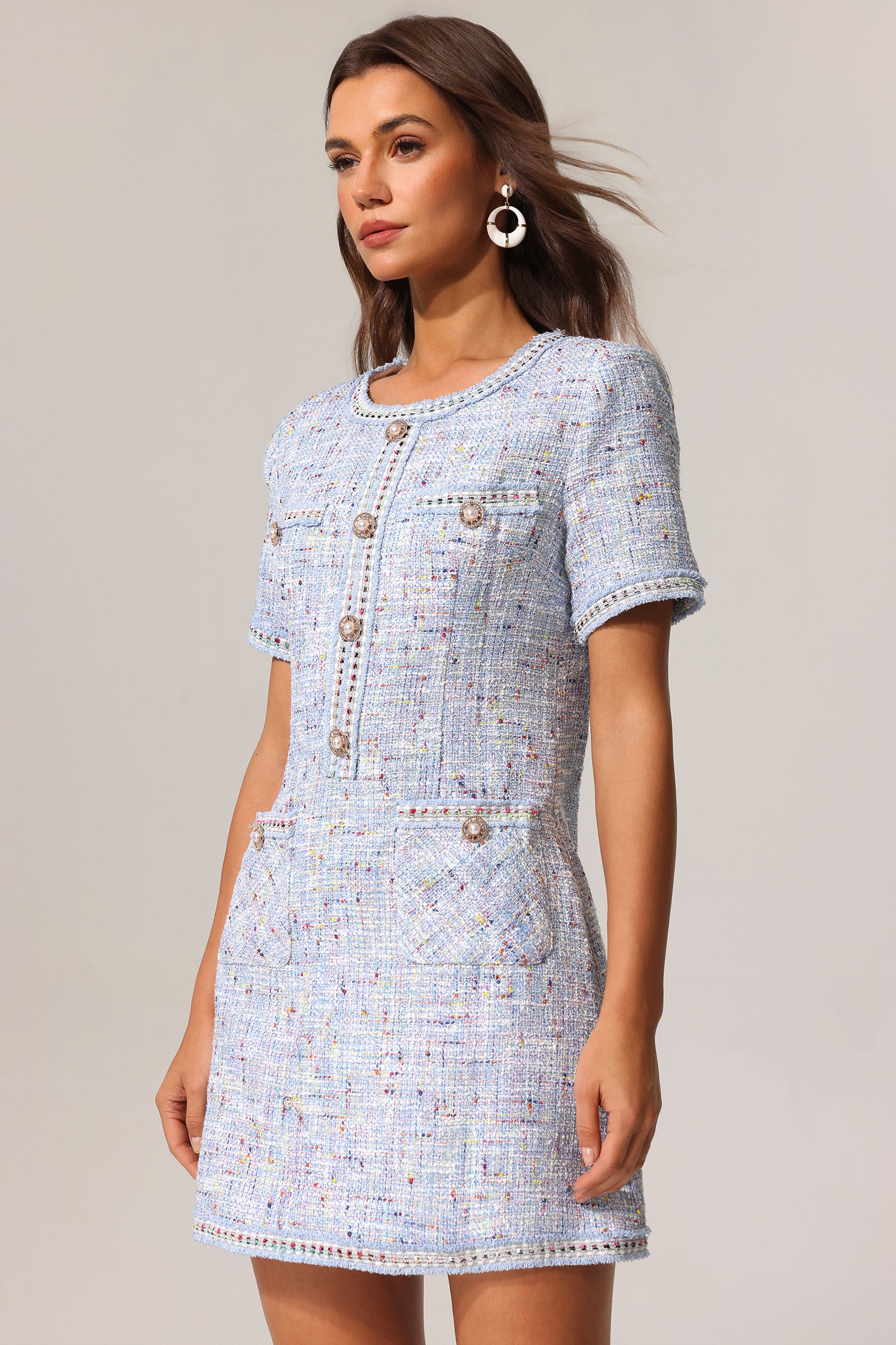 Pallas Round Neck Short Sleeve Tweed Mini Dress