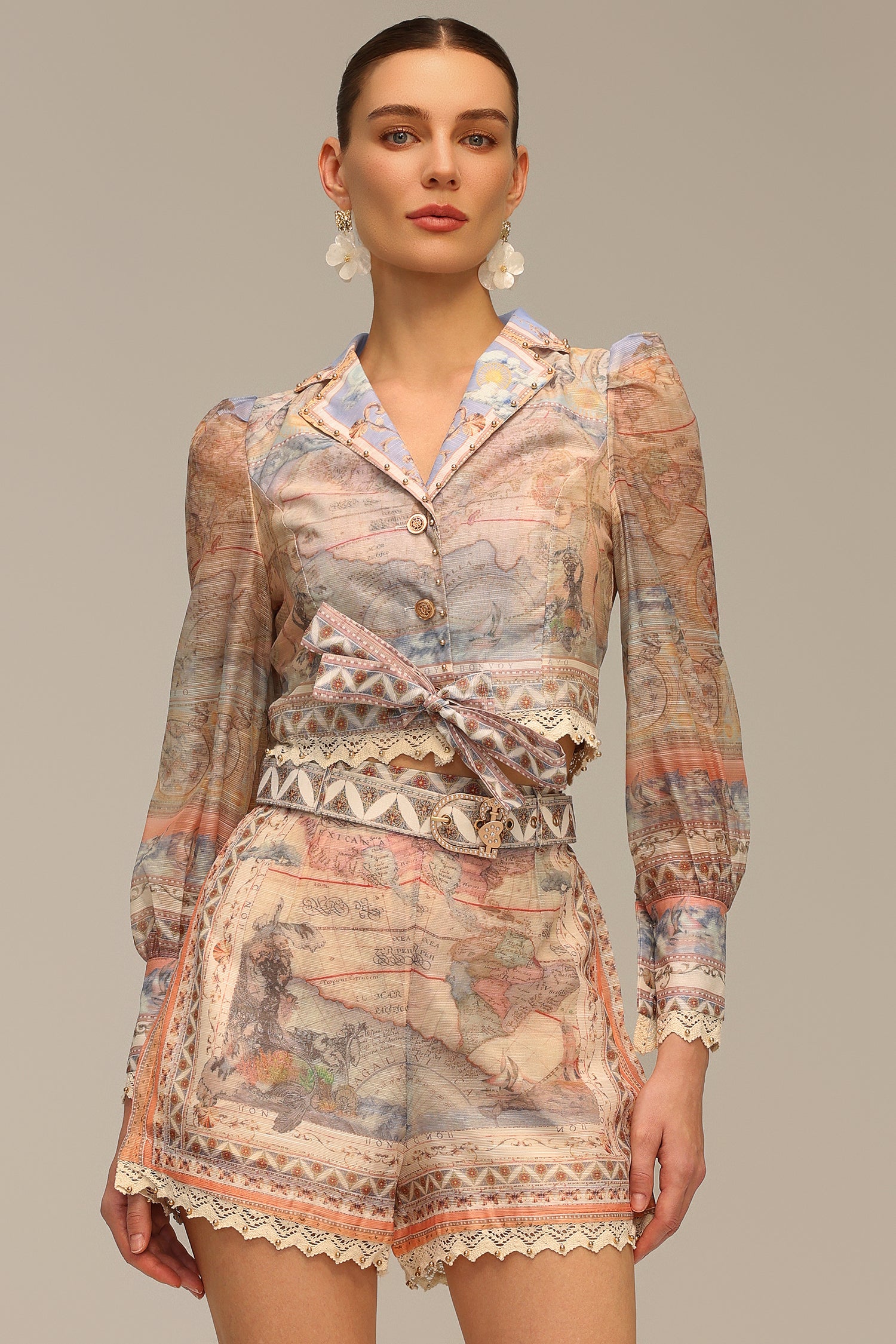 Gamora V-Neck Long Sleeve Printed Top And Shorts Two-Piece Set