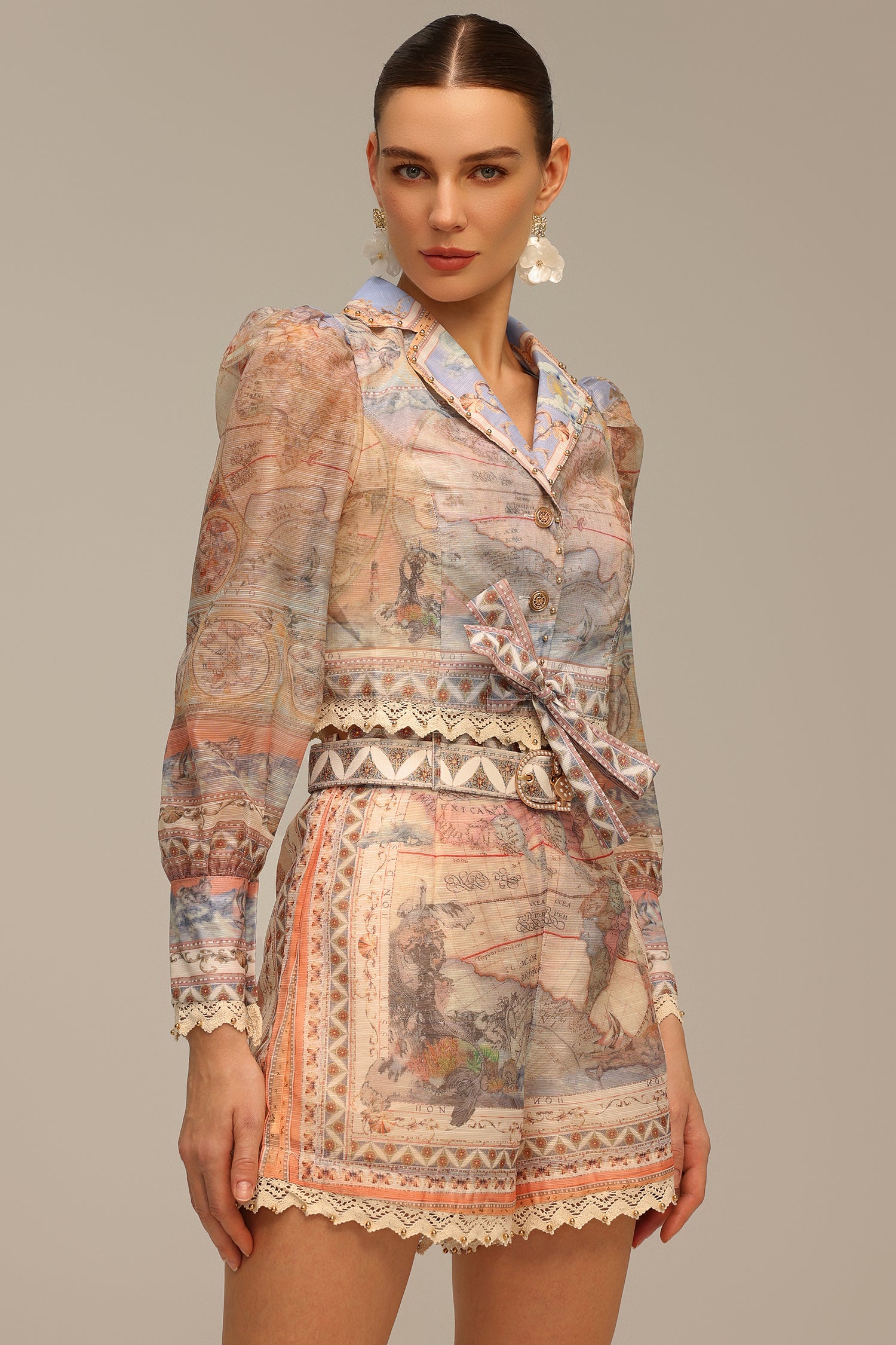 Gamora V-Neck Long Sleeve Printed Top And Shorts Two-Piece Set