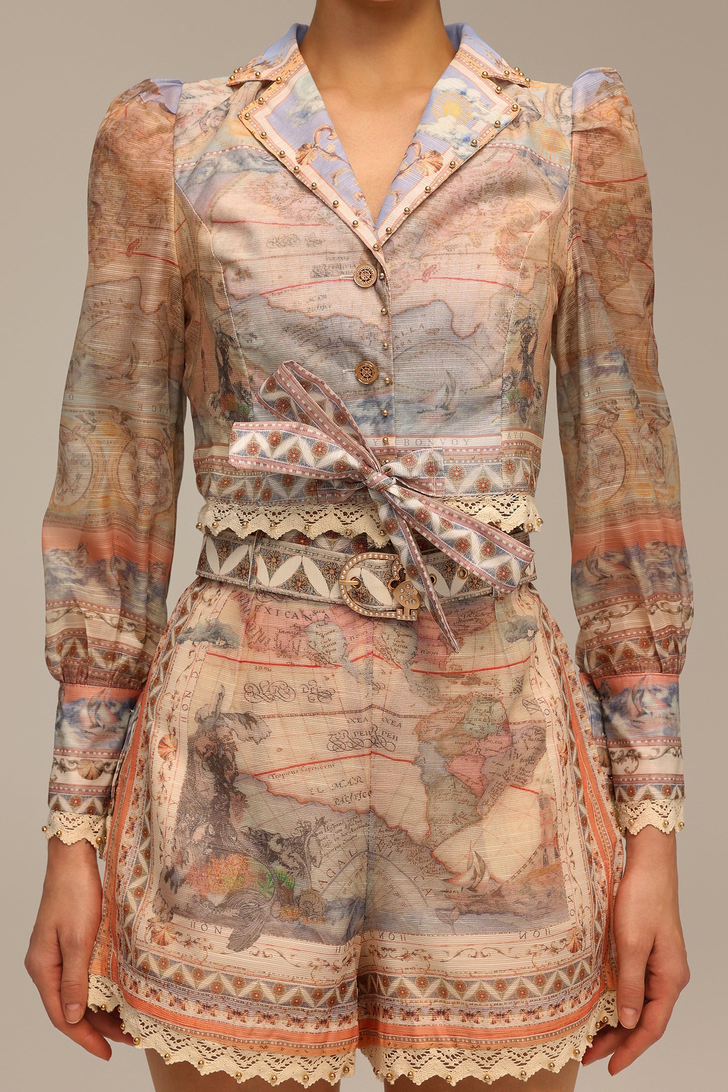 Gamora V-Neck Long Sleeve Printed Top And Shorts Two-Piece Set