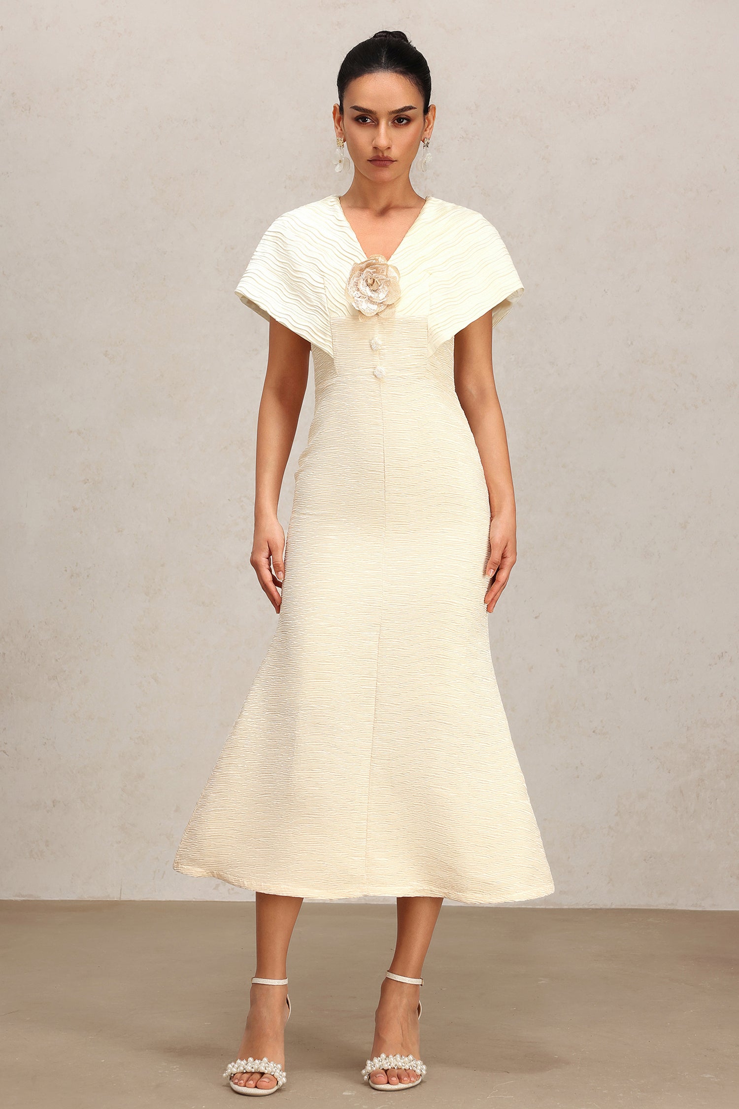 Rora V-Neck Flower Folds Fishtail Midi Dress