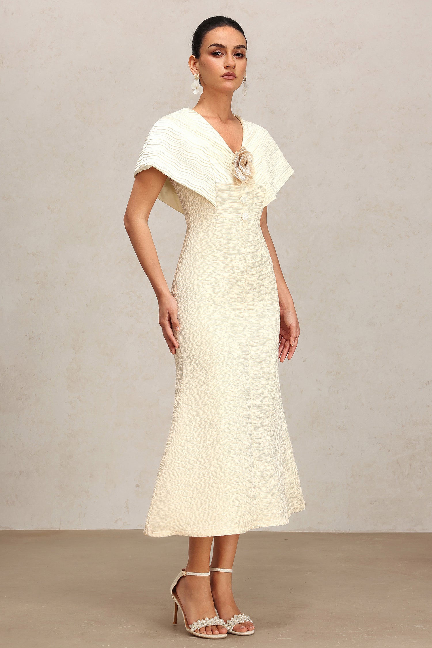 Rora V-Neck Flower Folds Fishtail Midi Dress