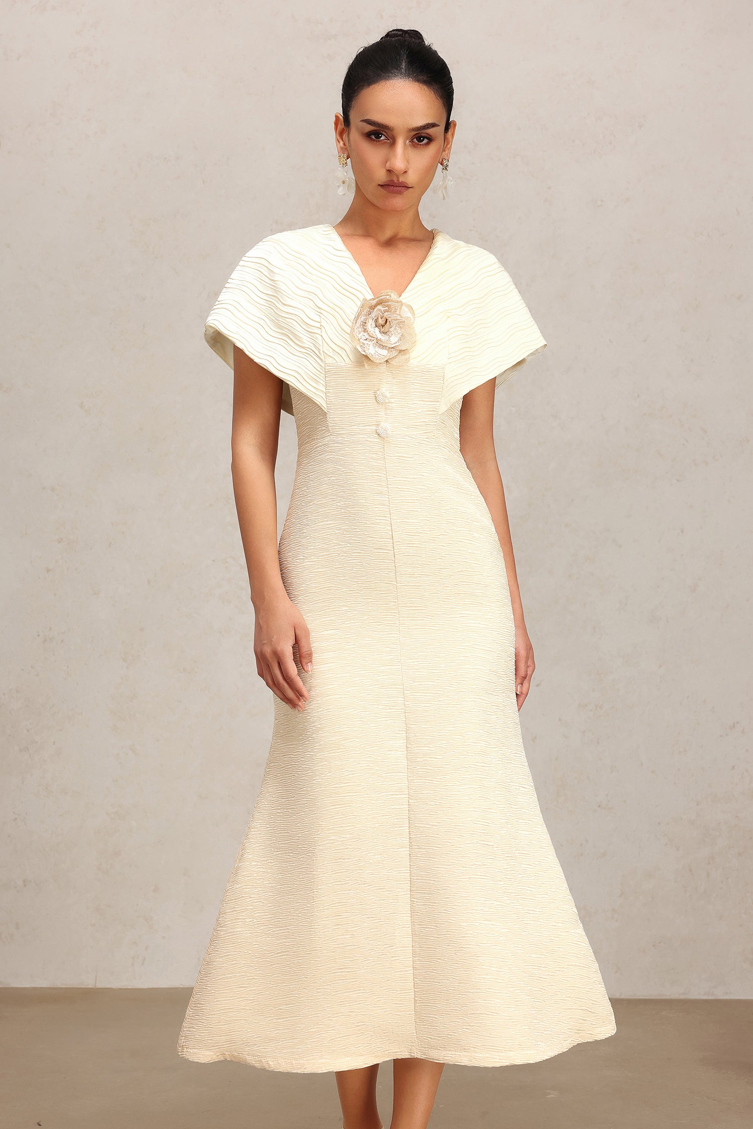 Rora V-Neck Flower Folds Fishtail Midi Dress