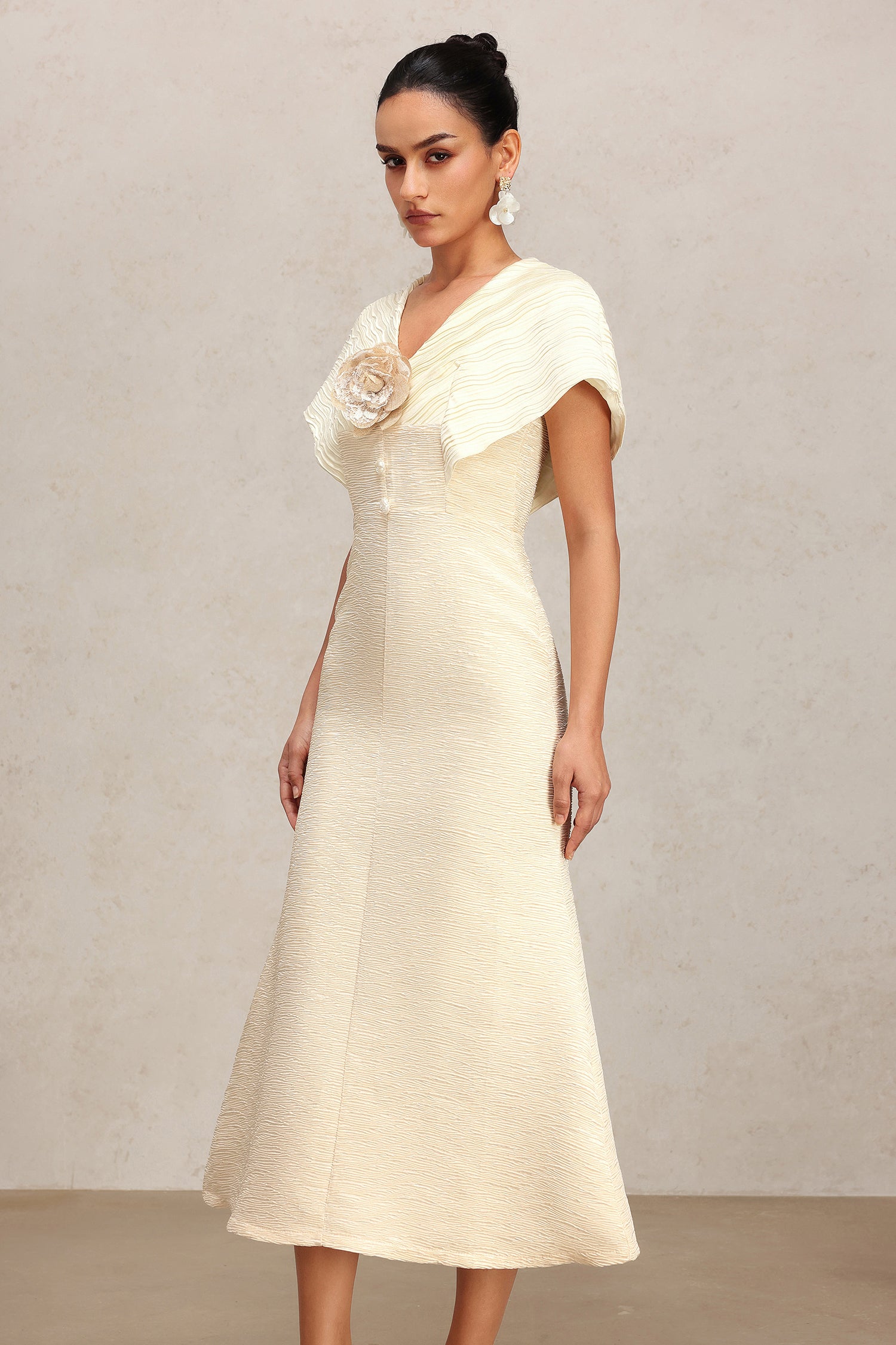 Rora V-Neck Flower Folds Fishtail Midi Dress