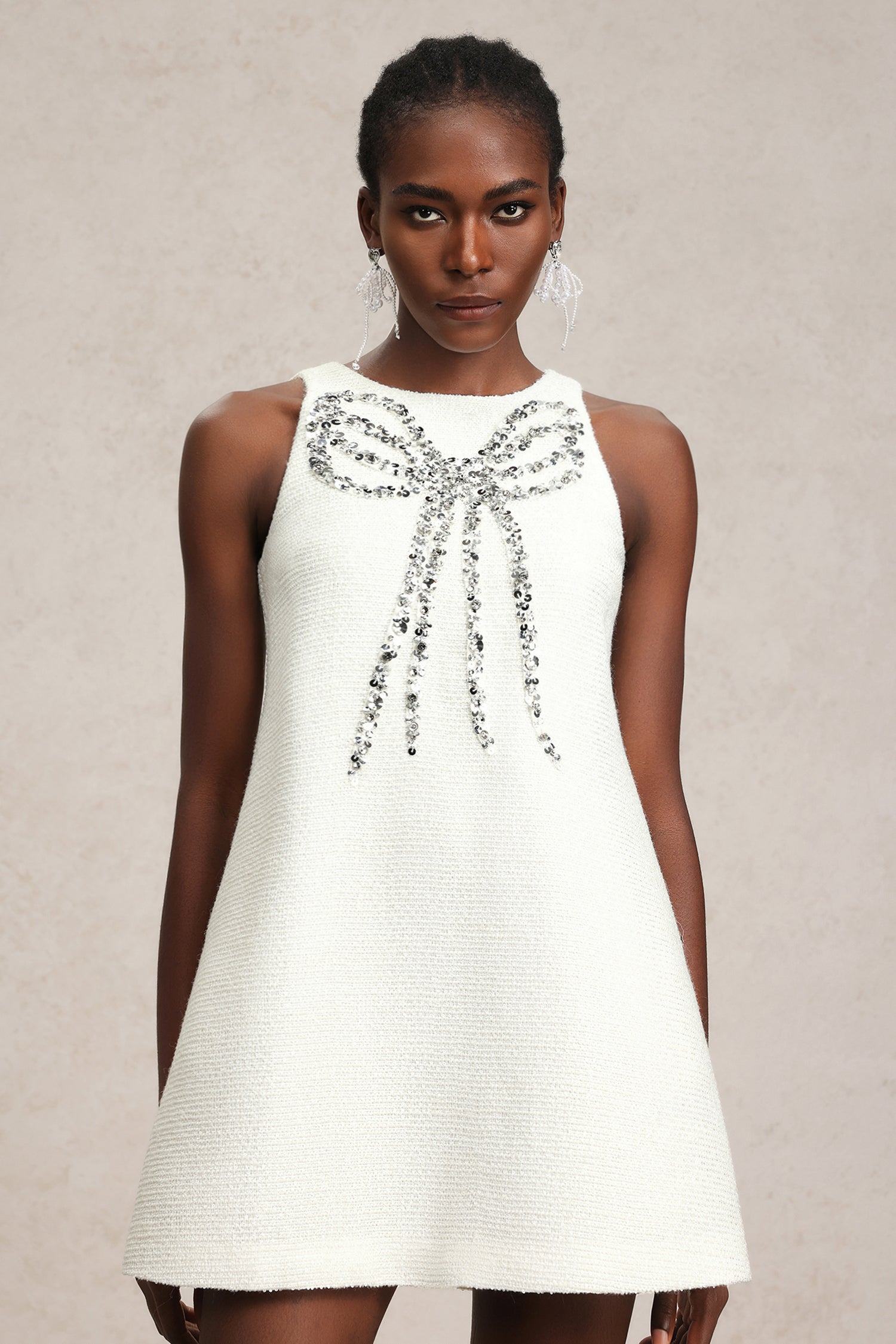 Tesare  Round Neck Sleeveless Sequin Bowknot Mini Dress