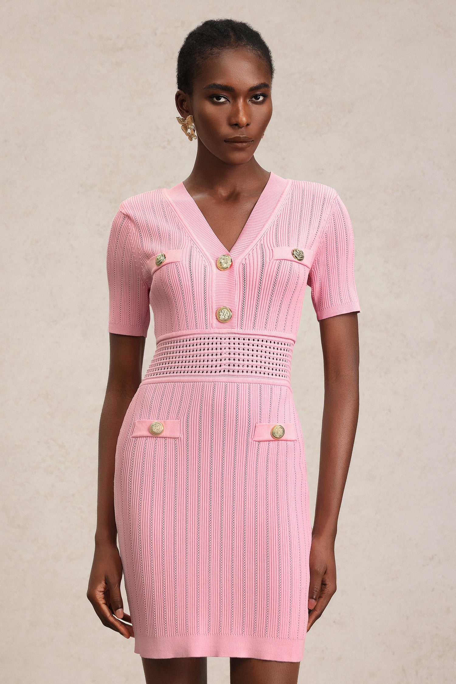 Fierce Short Sleeves Gold Button Mini Dress