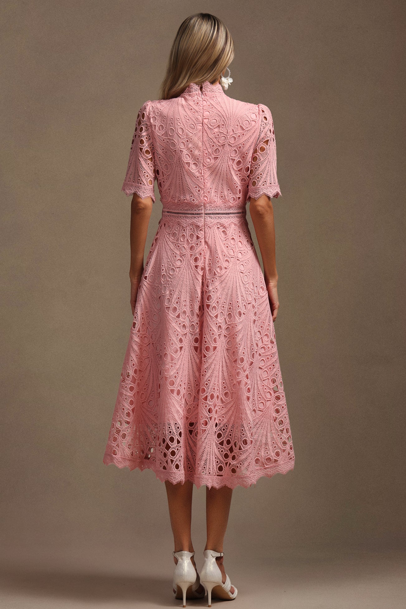 Lzada Short Sleeves Lace Hollow Out Midi Dress