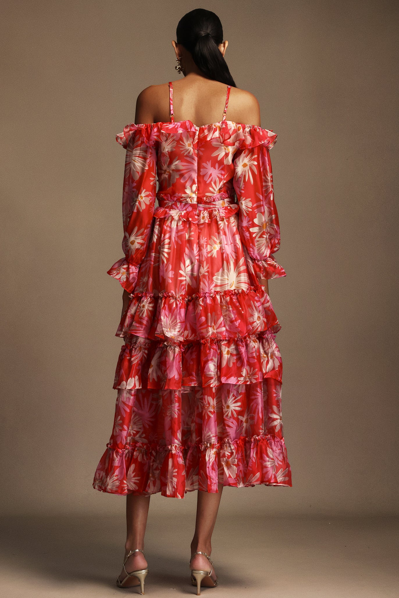 Yerza Puff Off-The-Shoulder Floral Printed Midi Dress