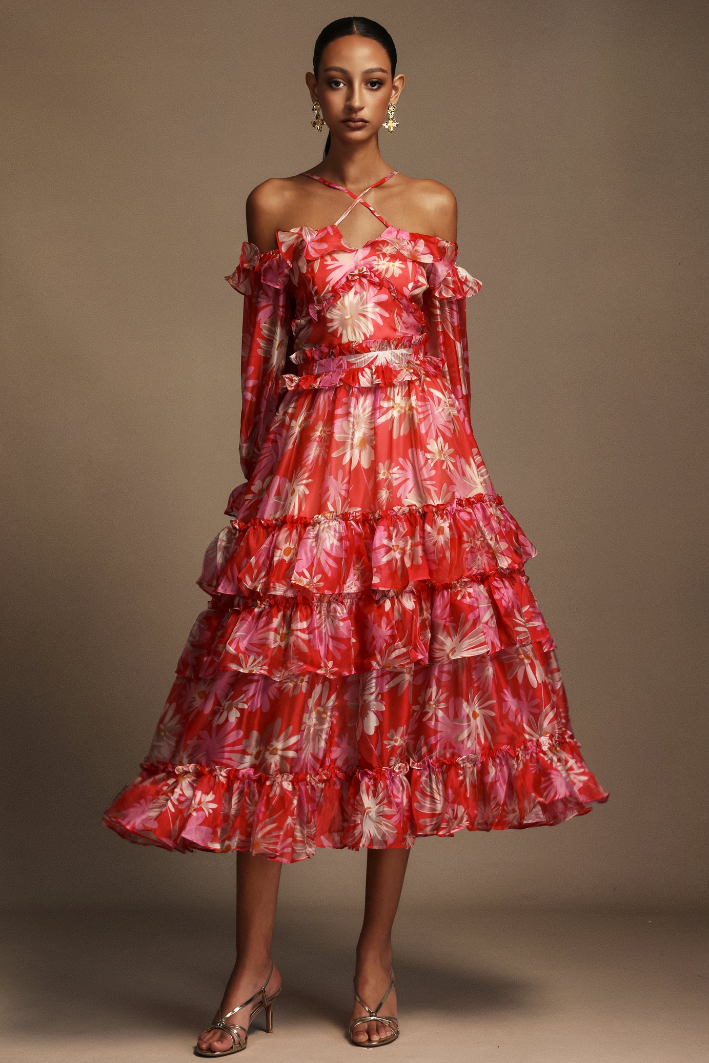 Yerza Puff Off-The-Shoulder Floral Printed Midi Dress