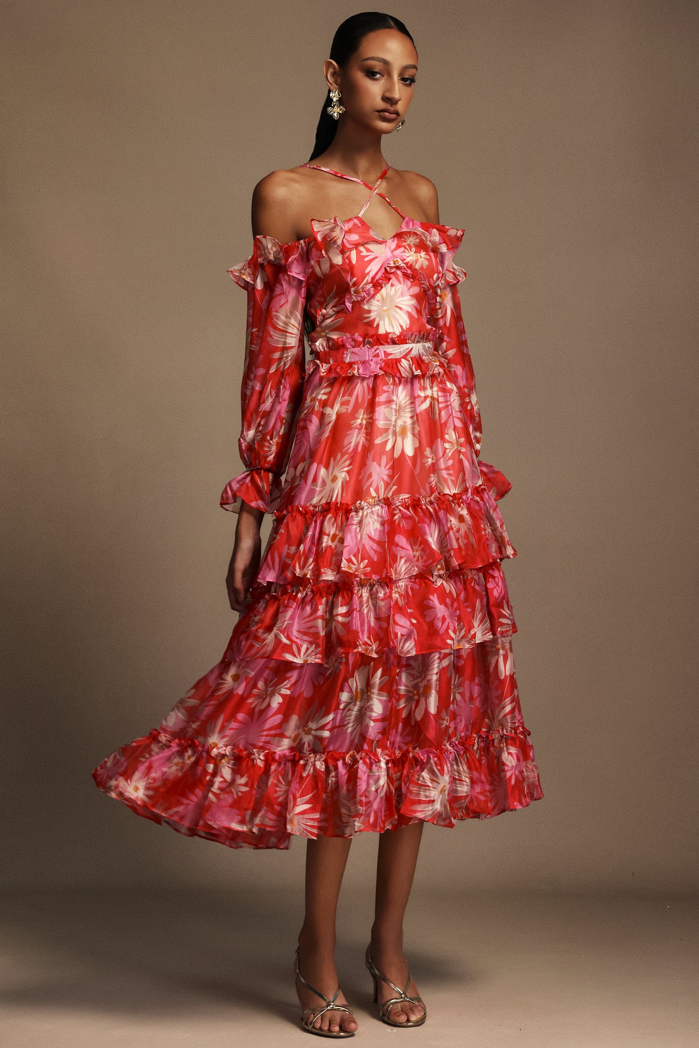 Yerza Puff Off-The-Shoulder Floral Printed Midi Dress