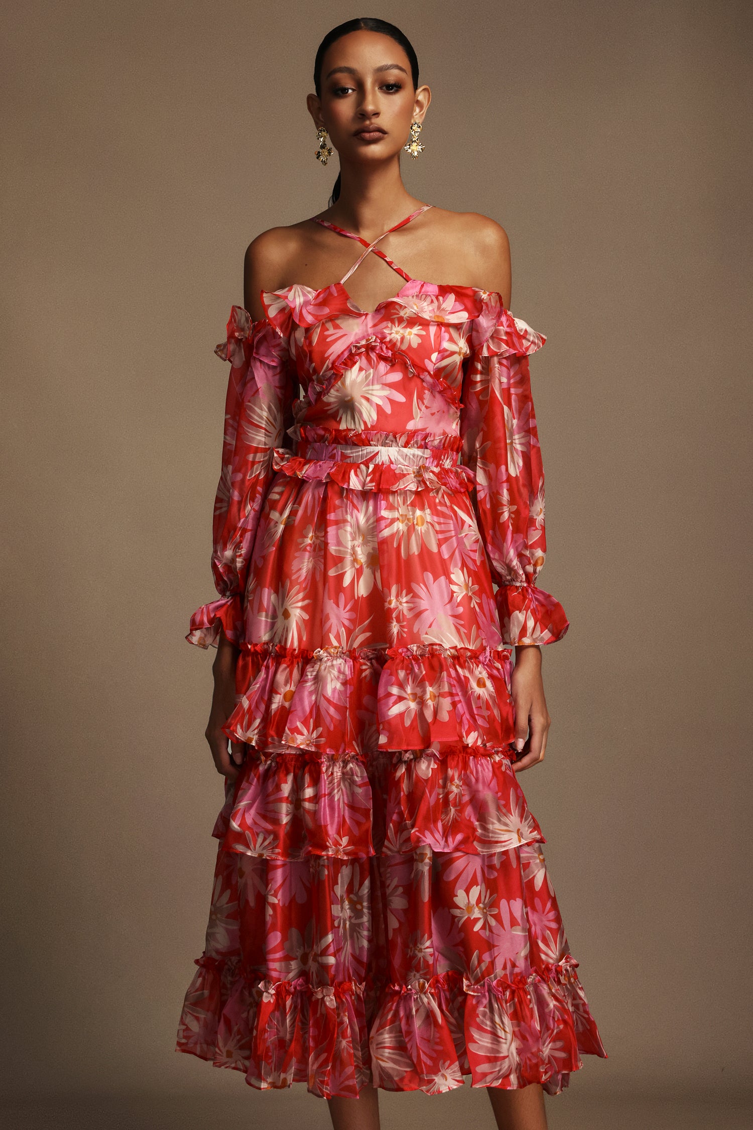 Yerza Puff Off-The-Shoulder Floral Printed Midi Dress