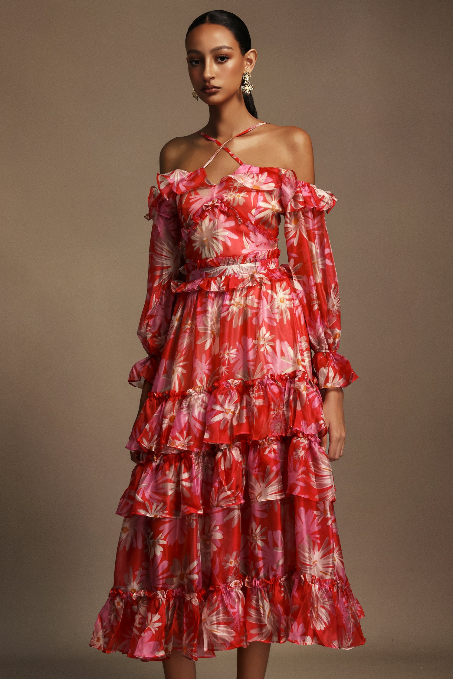 Yerza Puff Off-The-Shoulder Floral Printed Midi Dress