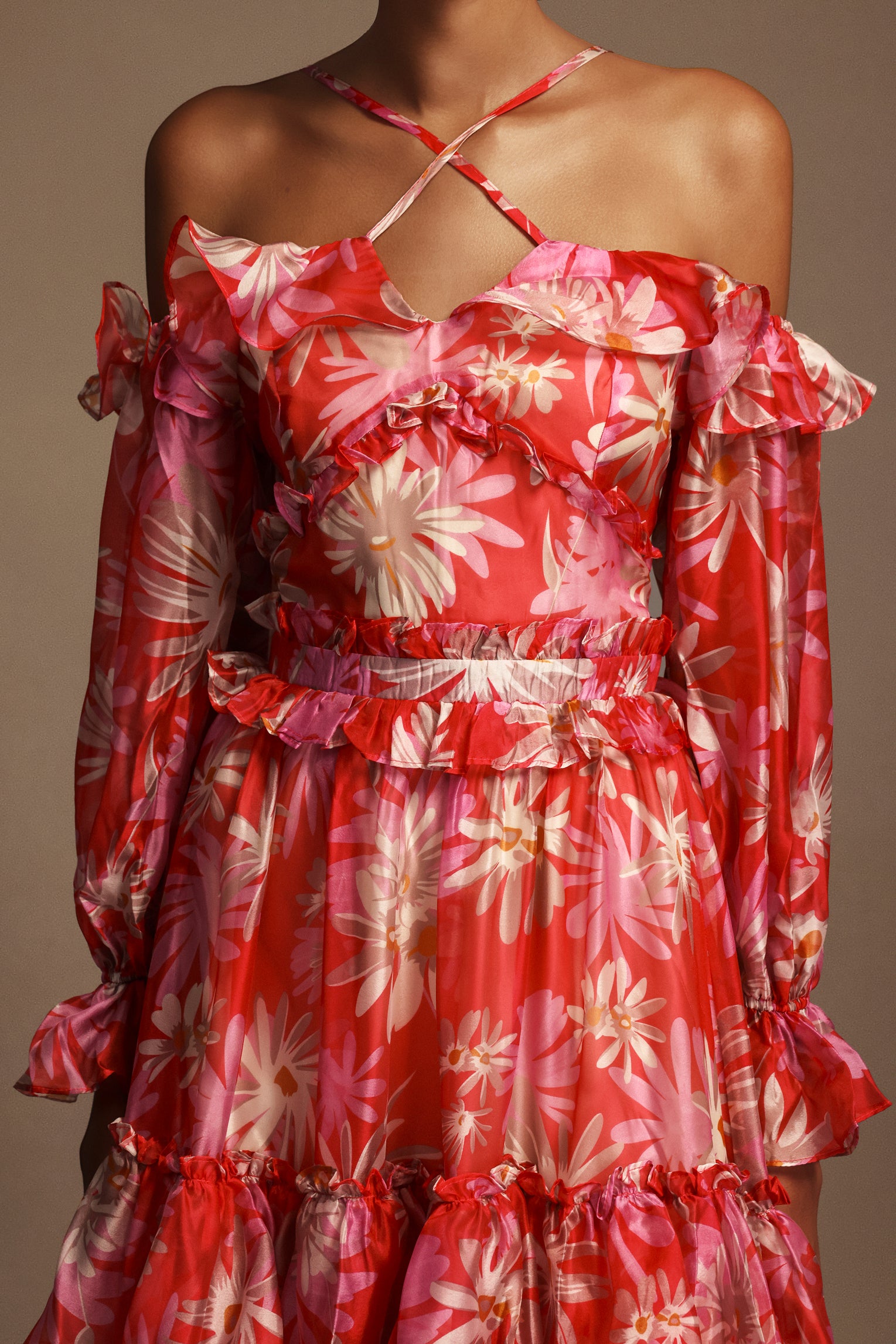 Yerza Puff Off-The-Shoulder Floral Printed Midi Dress