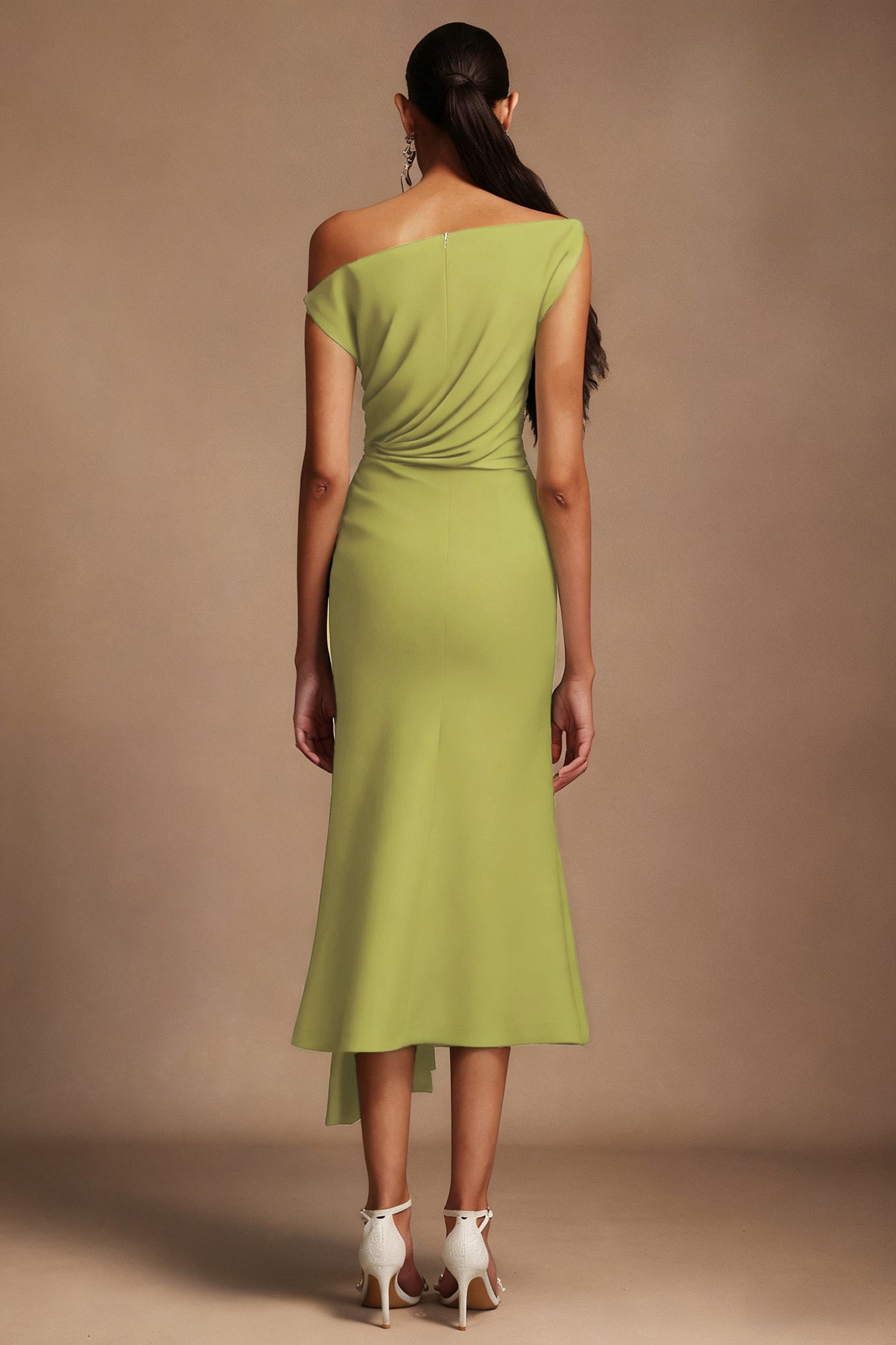 Paulina Oblique Shoulder Sleeveless Folds Mustard Midi Dress