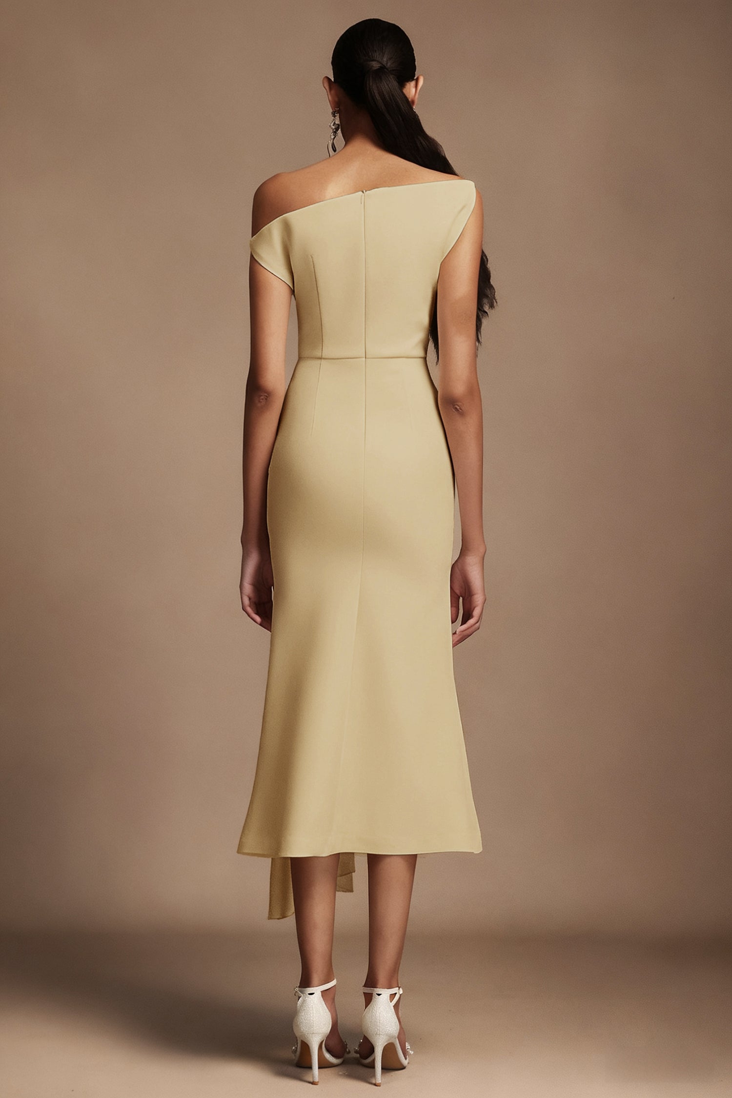 Paulina Oblique Shoulder Sleeveless Folds Khaki Midi Dress