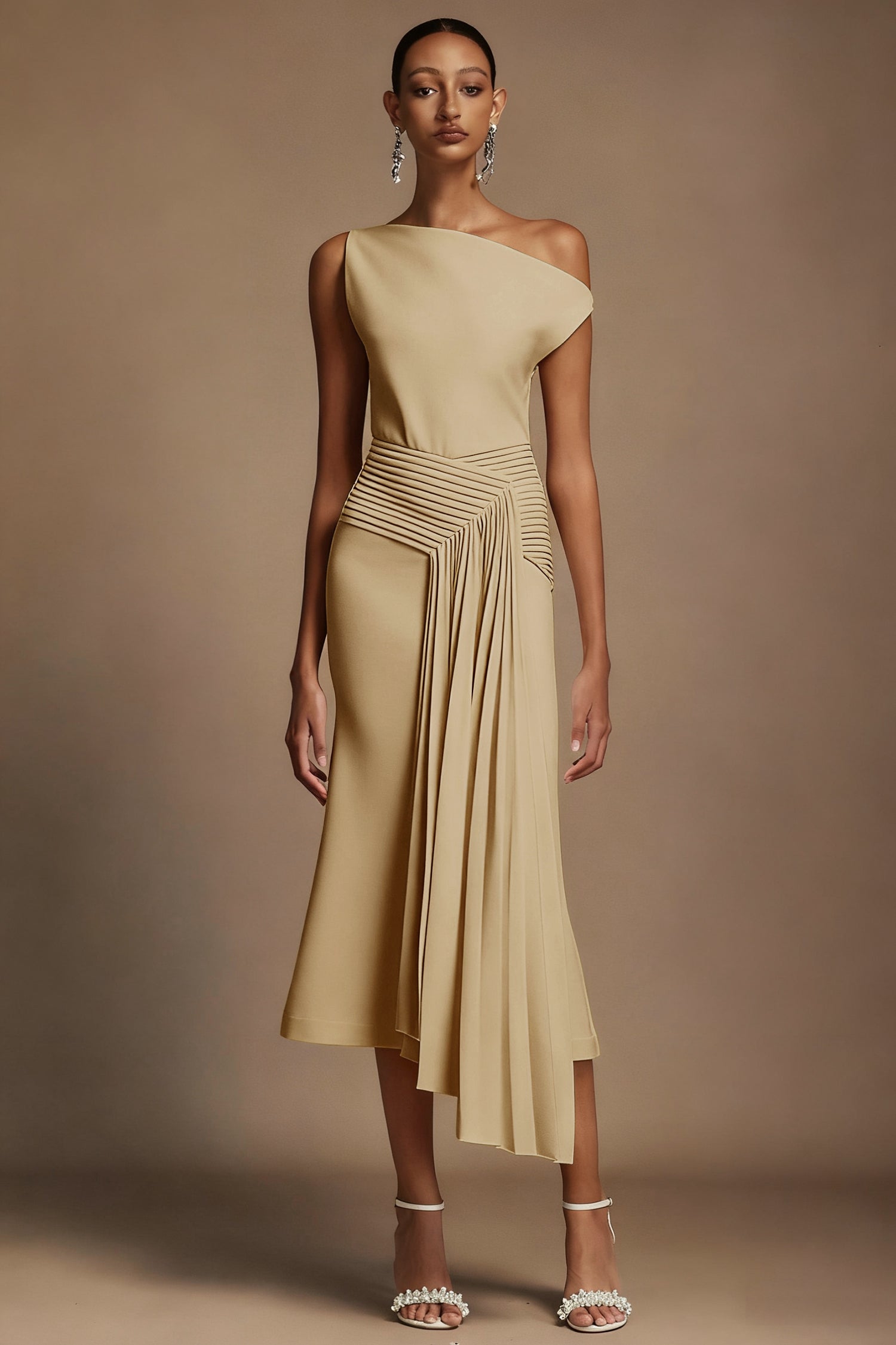 Paulina Oblique Shoulder Sleeveless Folds Khaki Midi Dress