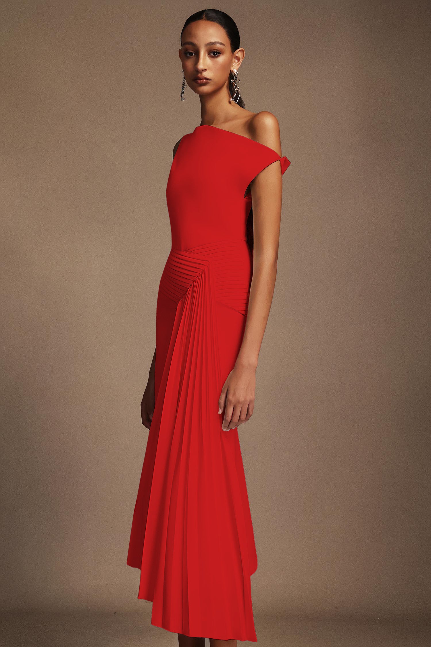 Jillian Oblique Shoulder Sleeveless Folds Midi Dress