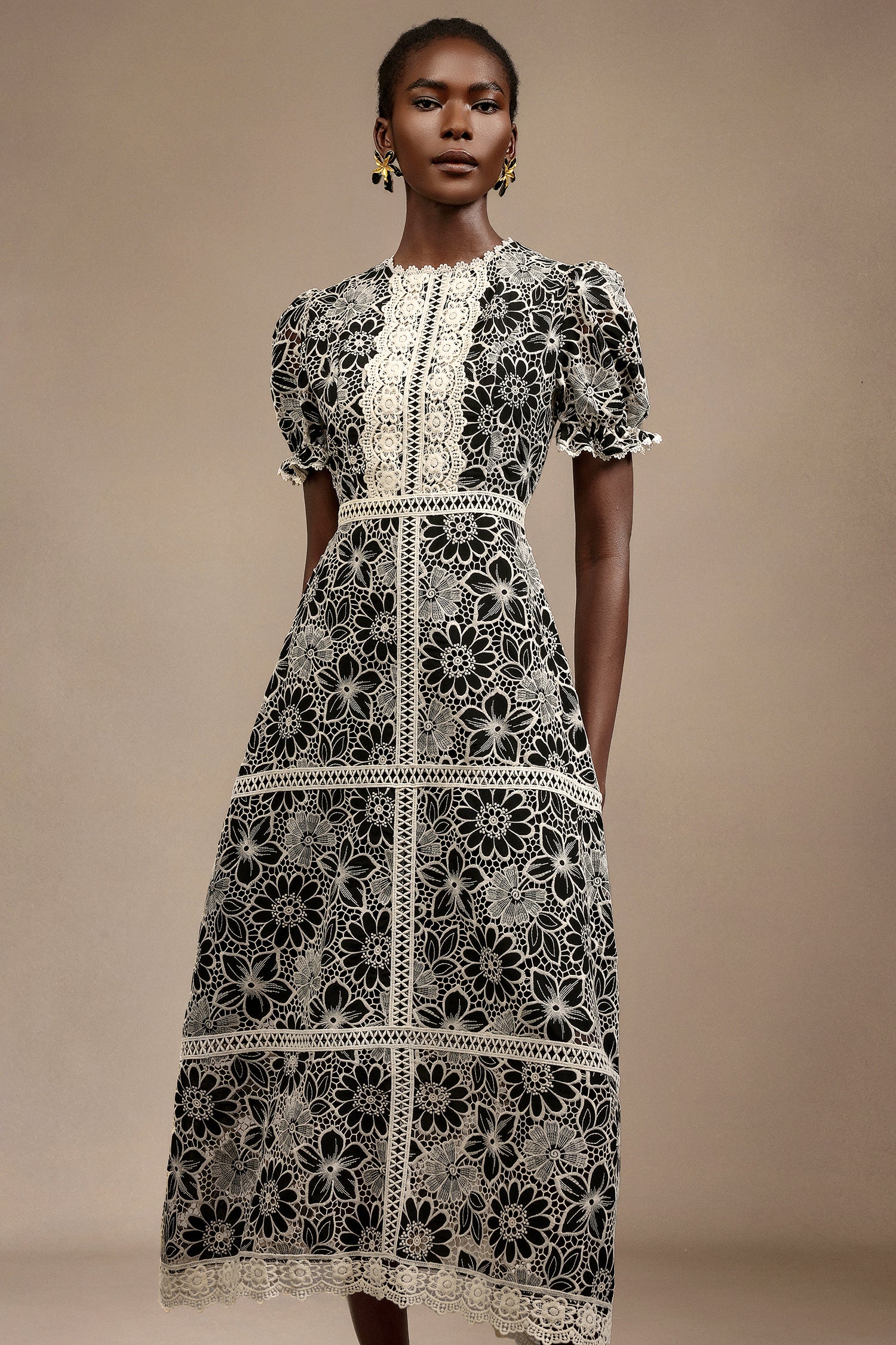 Samantha Short Sleeves Embroidery Flowers Midi Dress