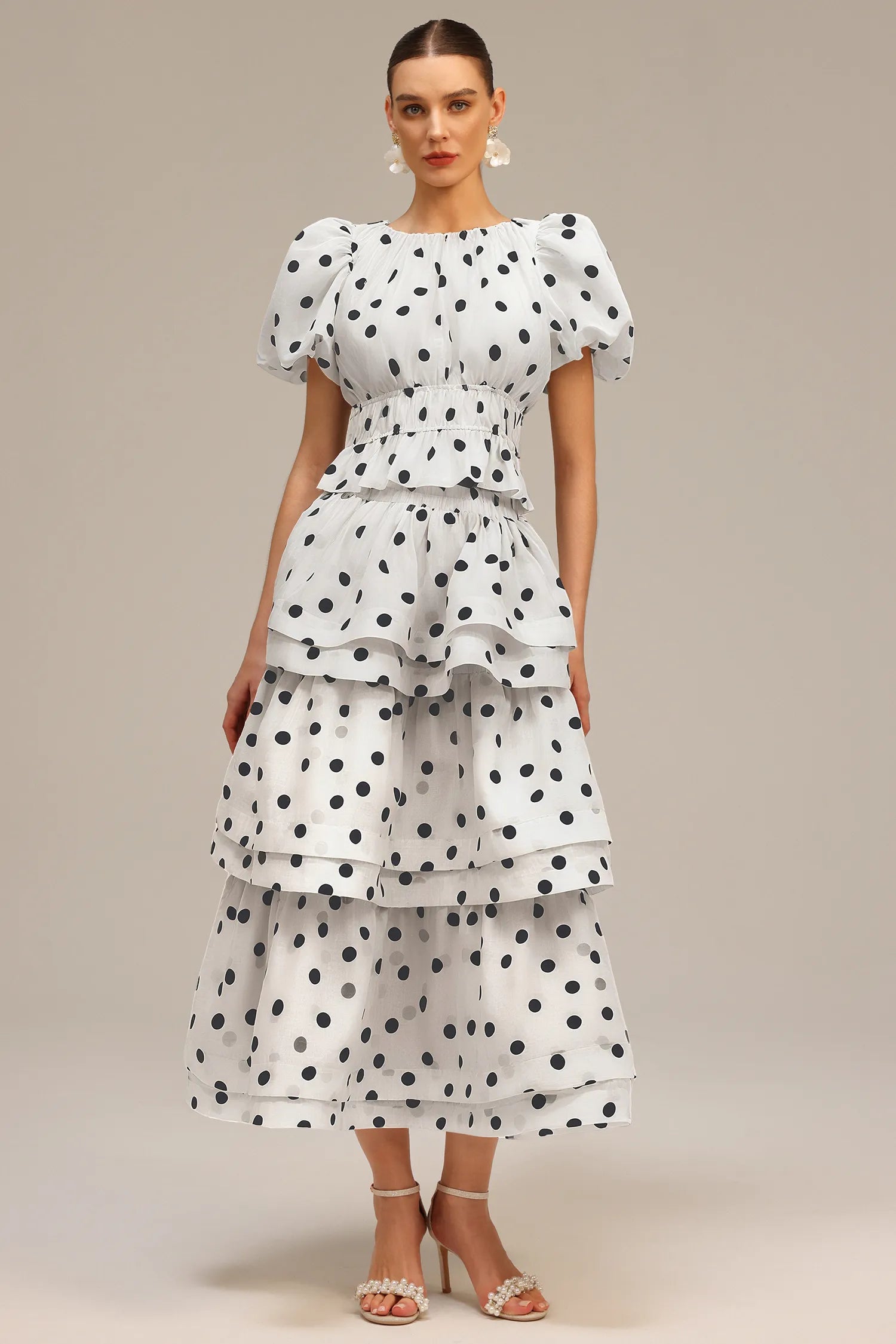 Nasim Puff Sleeves Dot Printed Top And Skirt Two-Piece Set