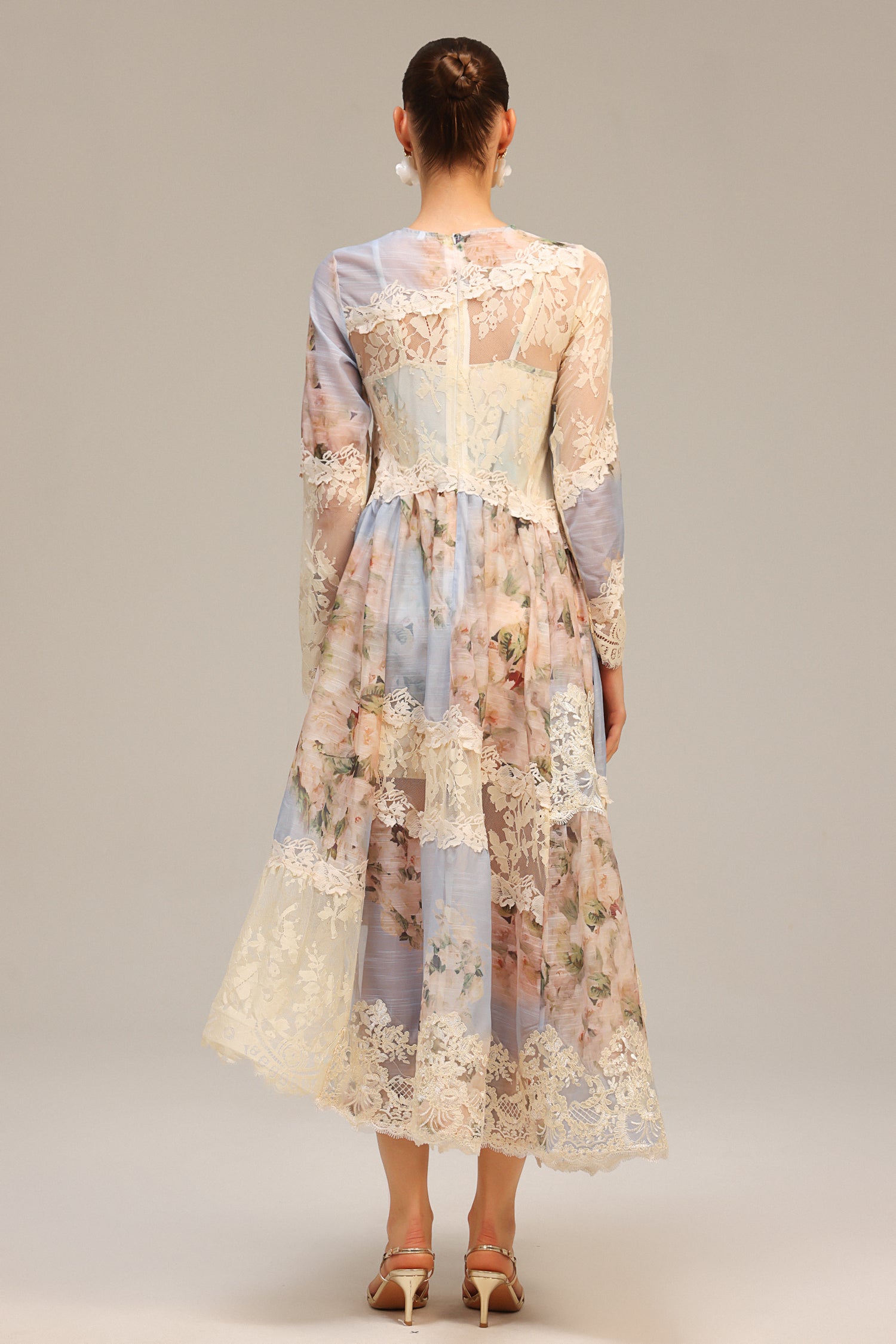 Wanda Long Sleeves Floral Printed Asymmetric Lace Maxi Dress