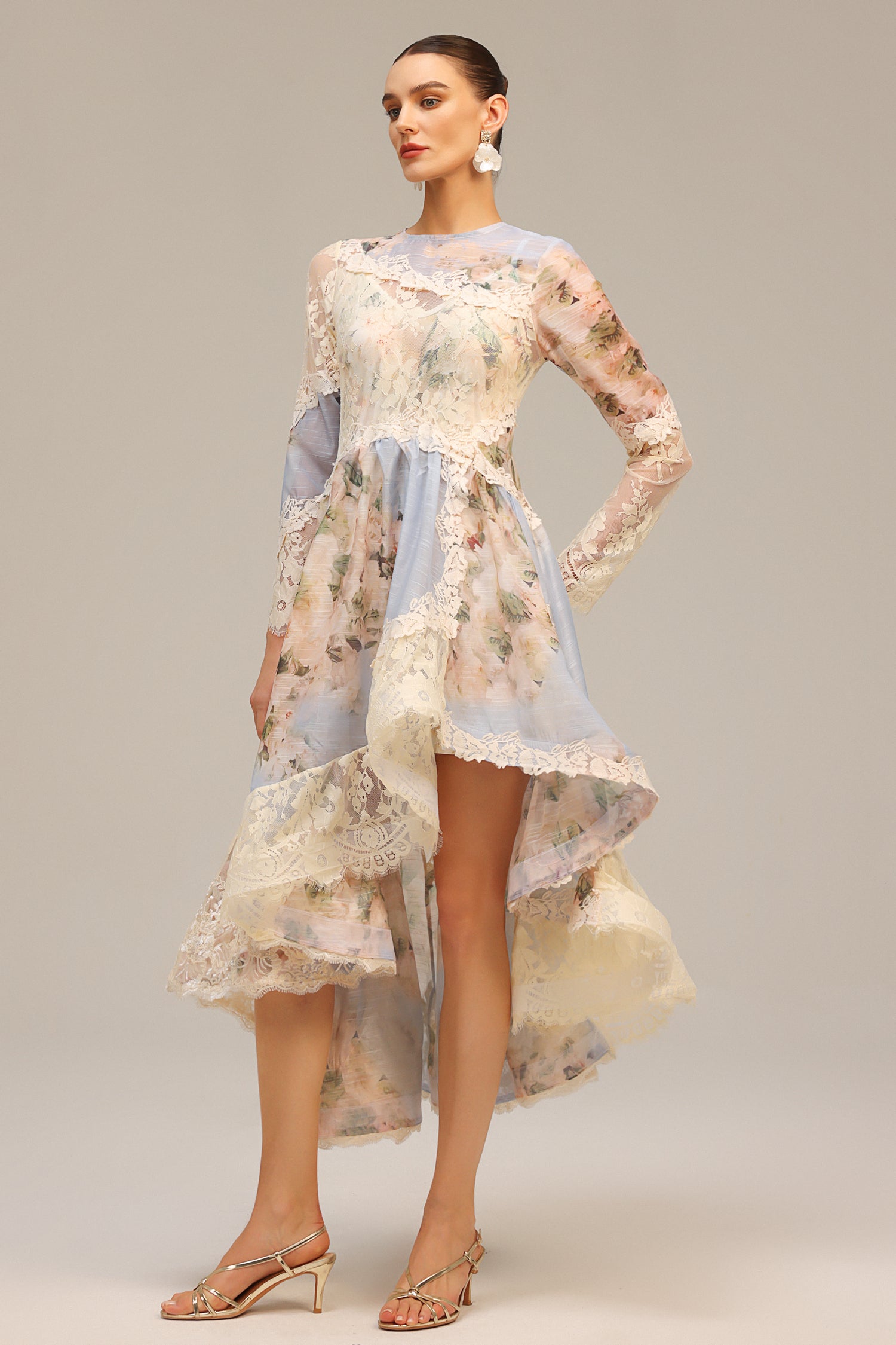 Wanda Long Sleeves Floral Printed Asymmetric Lace Maxi Dress