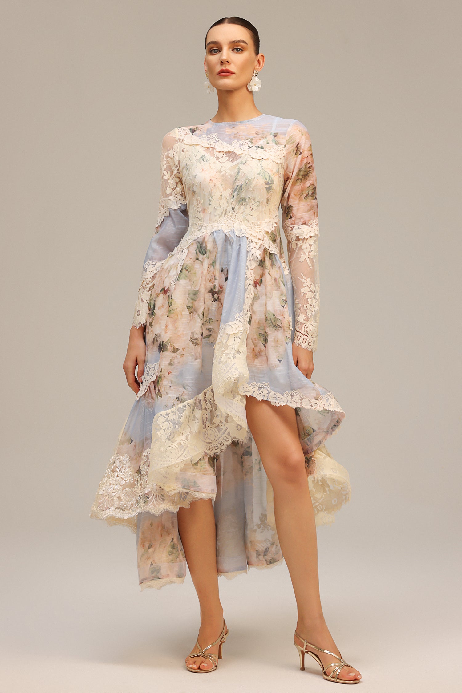 Wanda Long Sleeves Floral Printed Asymmetric Lace Maxi Dress
