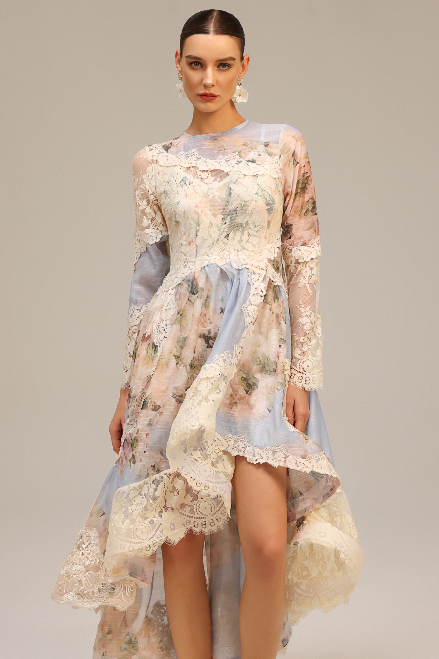 Wanda Long Sleeves Floral Printed Asymmetric Lace Maxi Dress