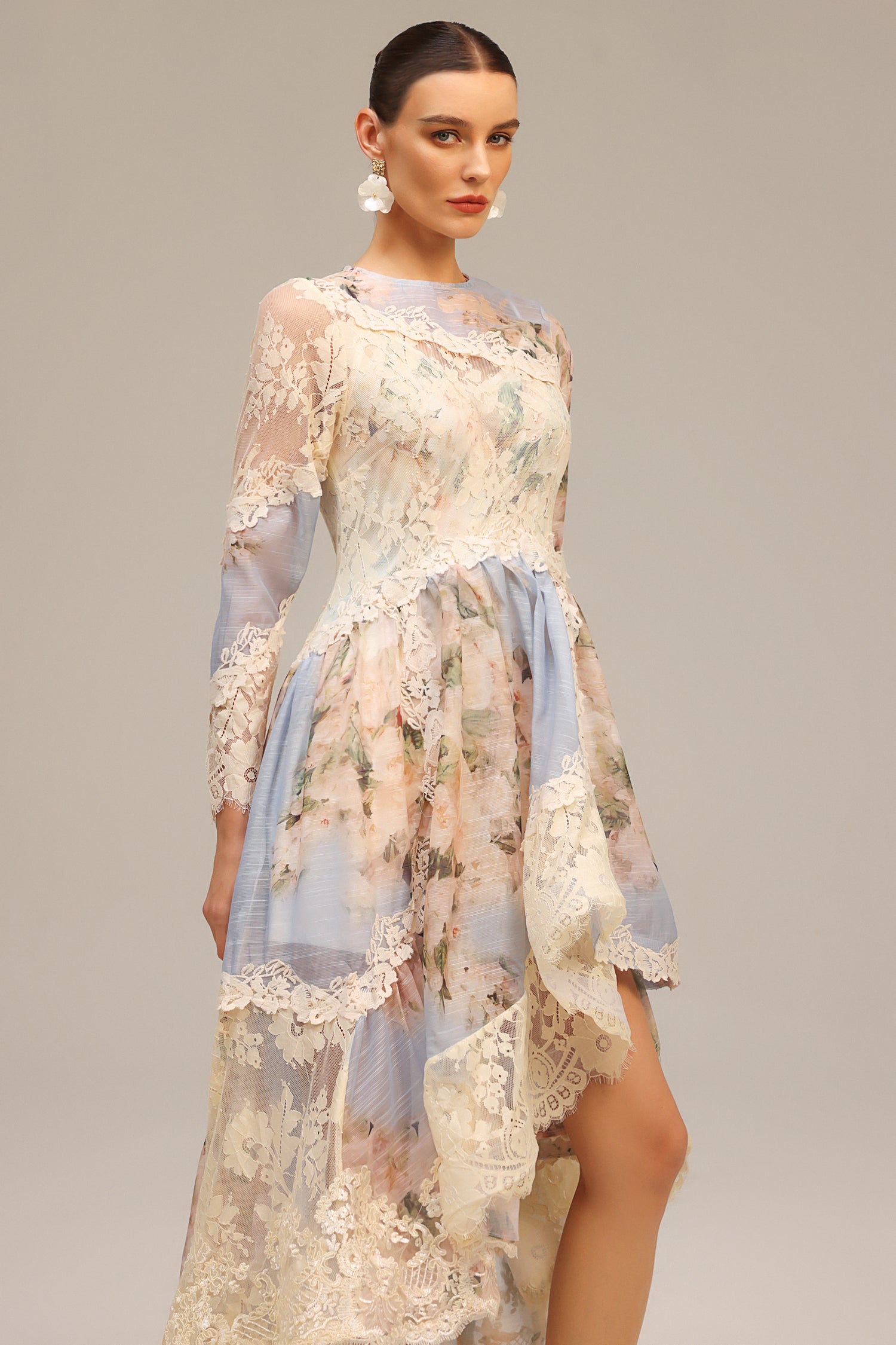 Wanda Long Sleeves Floral Printed Asymmetric Lace Maxi Dress