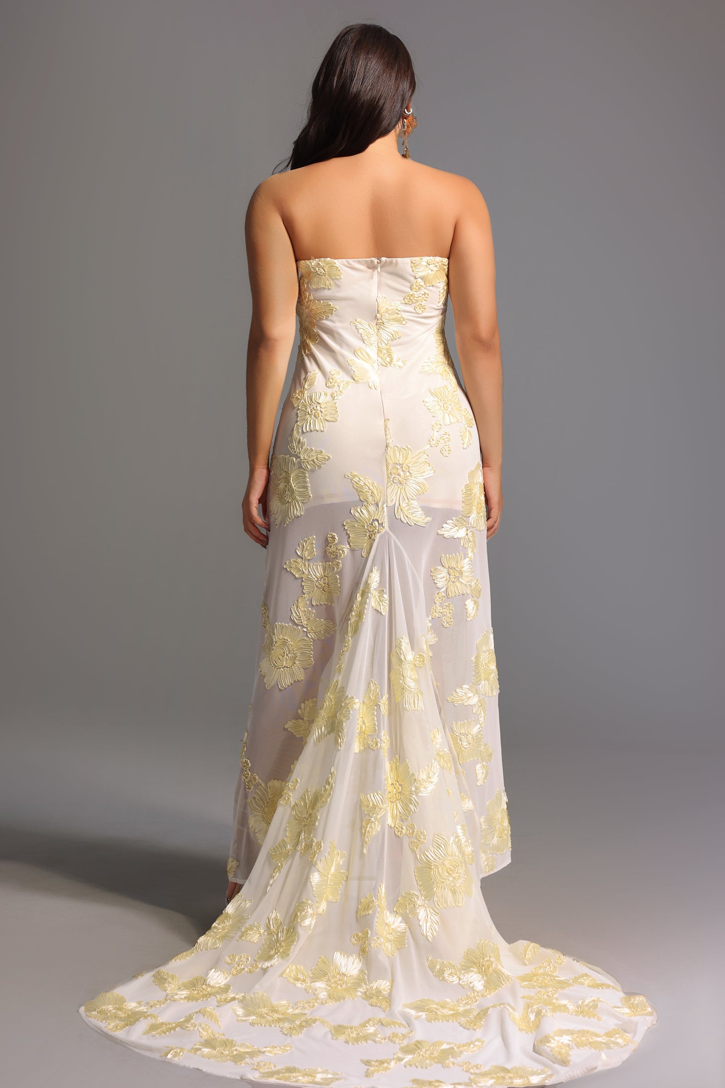Deliyn Strapless Embroidery Flower Mesh Maxi Dress