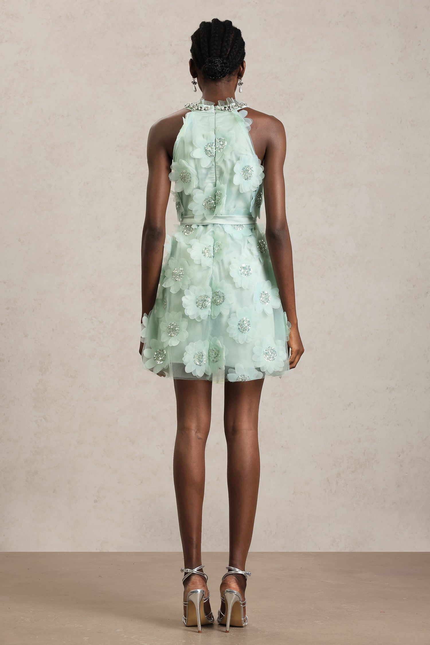 Mikin Sleeveless Round Neck Diamond Flowers Mini Dress