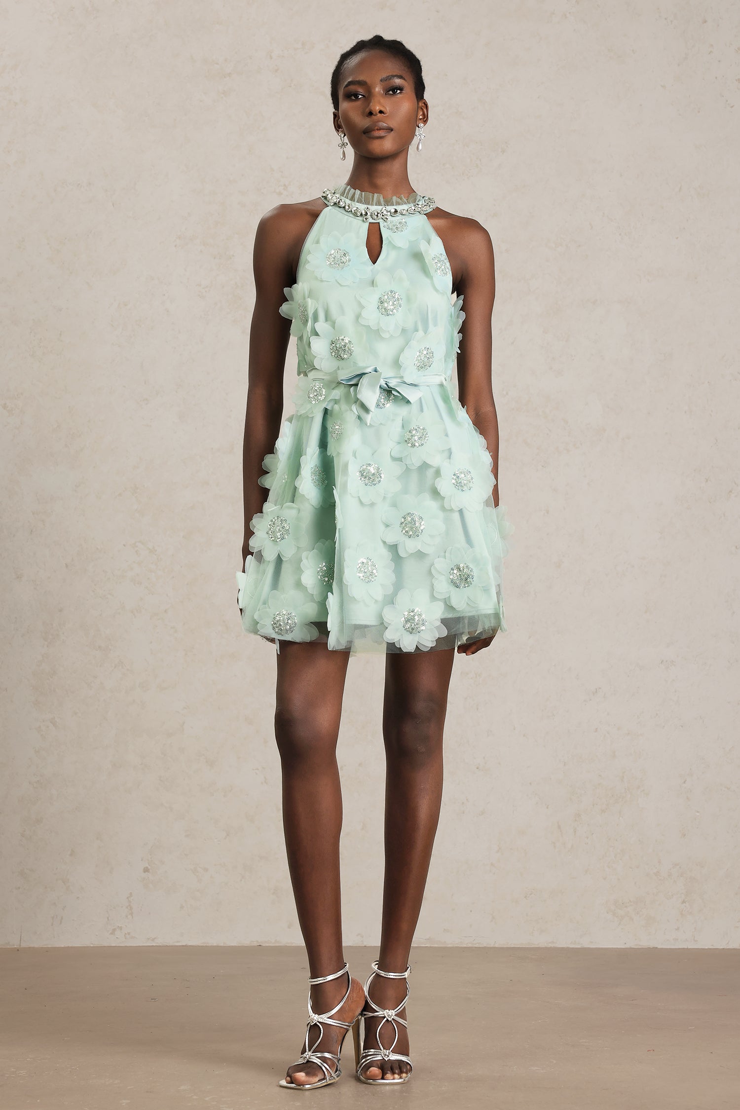 Mikin Sleeveless Round Neck Diamond Flowers Mini Dress