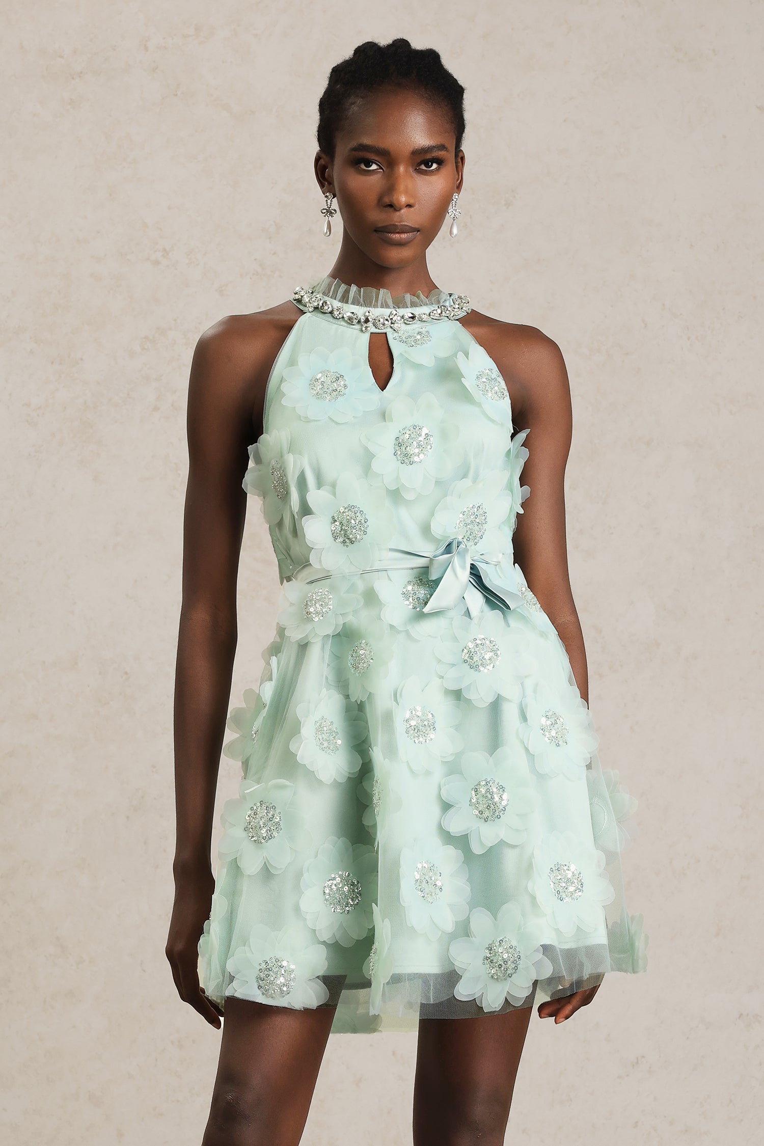 Mikin Sleeveless Round Neck Diamond Flowers Mini Dress